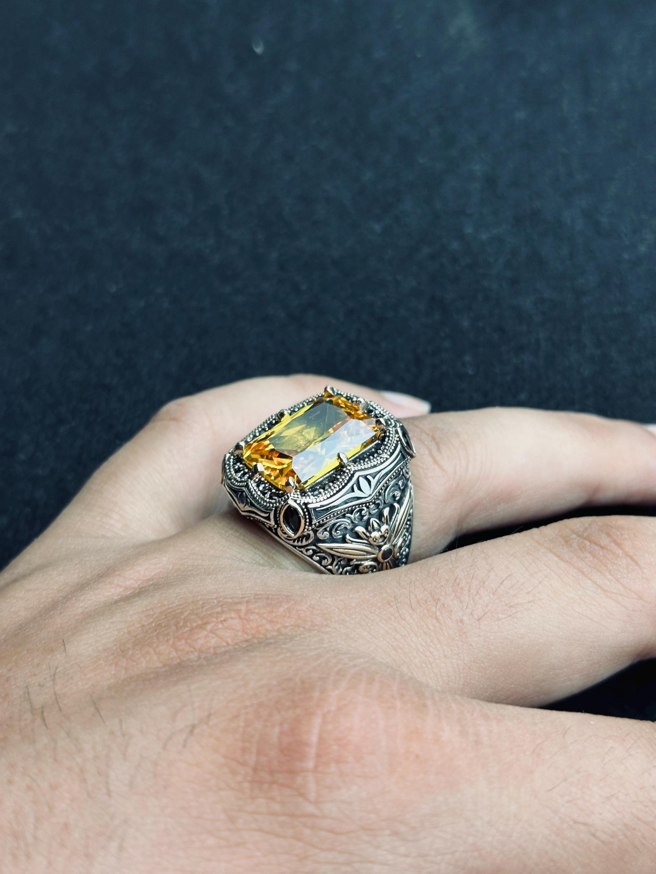 Men's Citrine Ring, Square Cut Stone, Sterling Silver (Handmade)