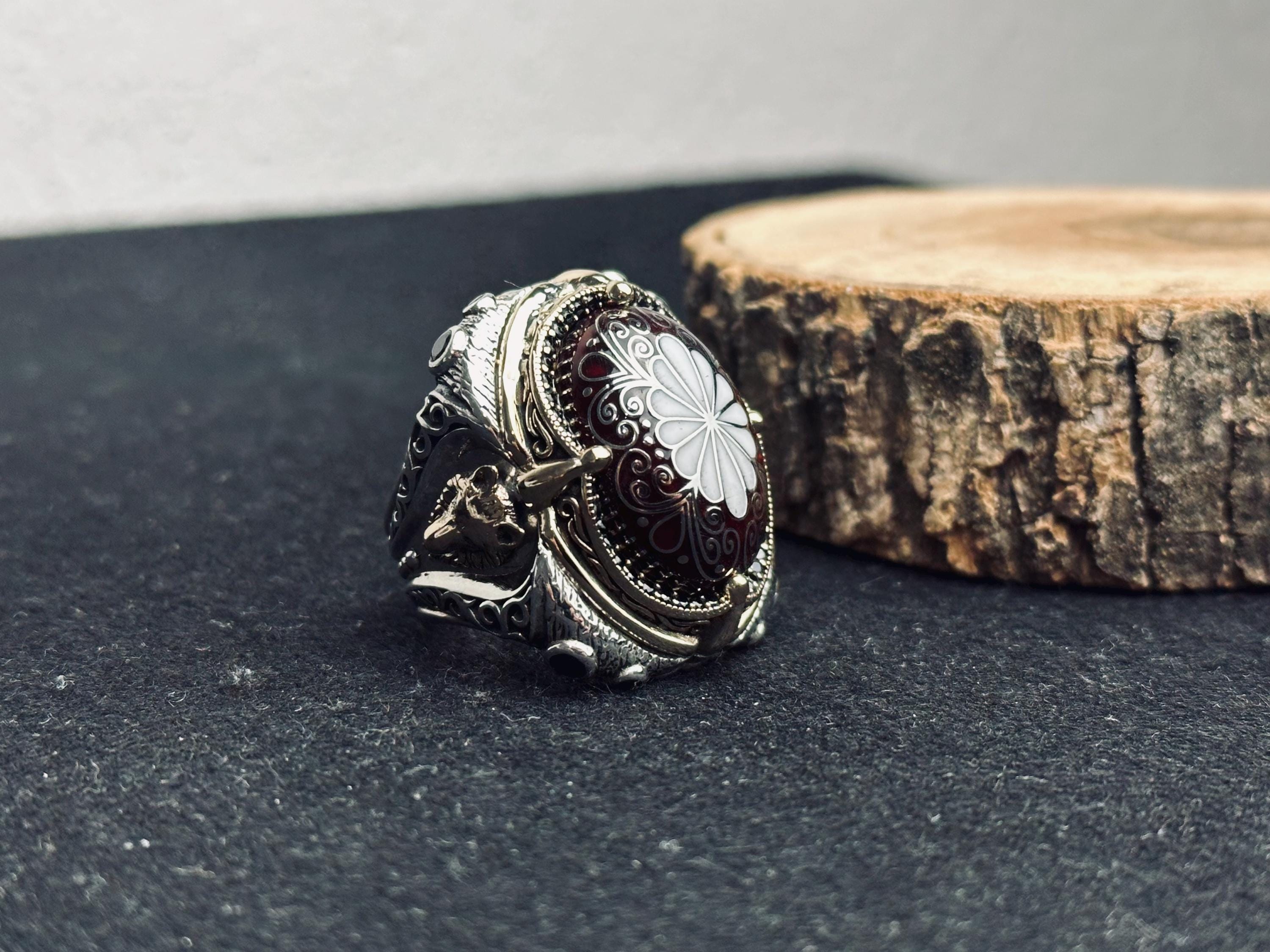 Red Enamel Ottoman Ring, 925 Sterling Silver, Turkish Jewelry