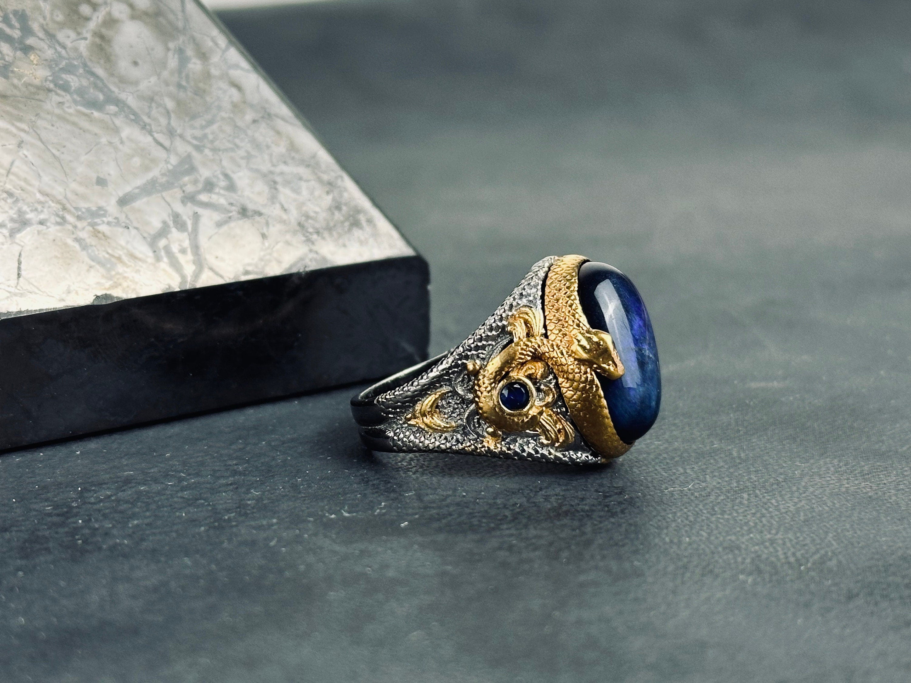 Sapphire Dragon Ring - Sterling Silver Engraved Statement Piece