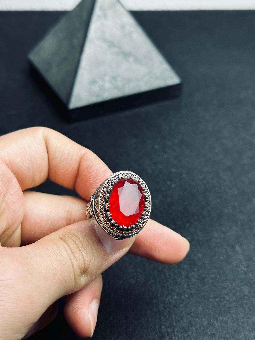 Men's Sterling Silver Ring, Oval Red Ruby (Handmade Statement)