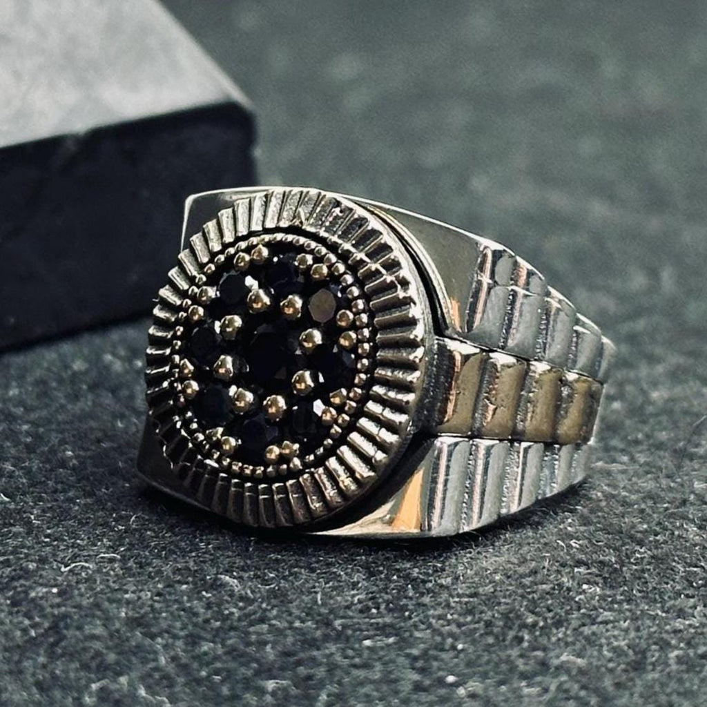 Geometric Men's Silver Ring - Stone Cluster Statement Design