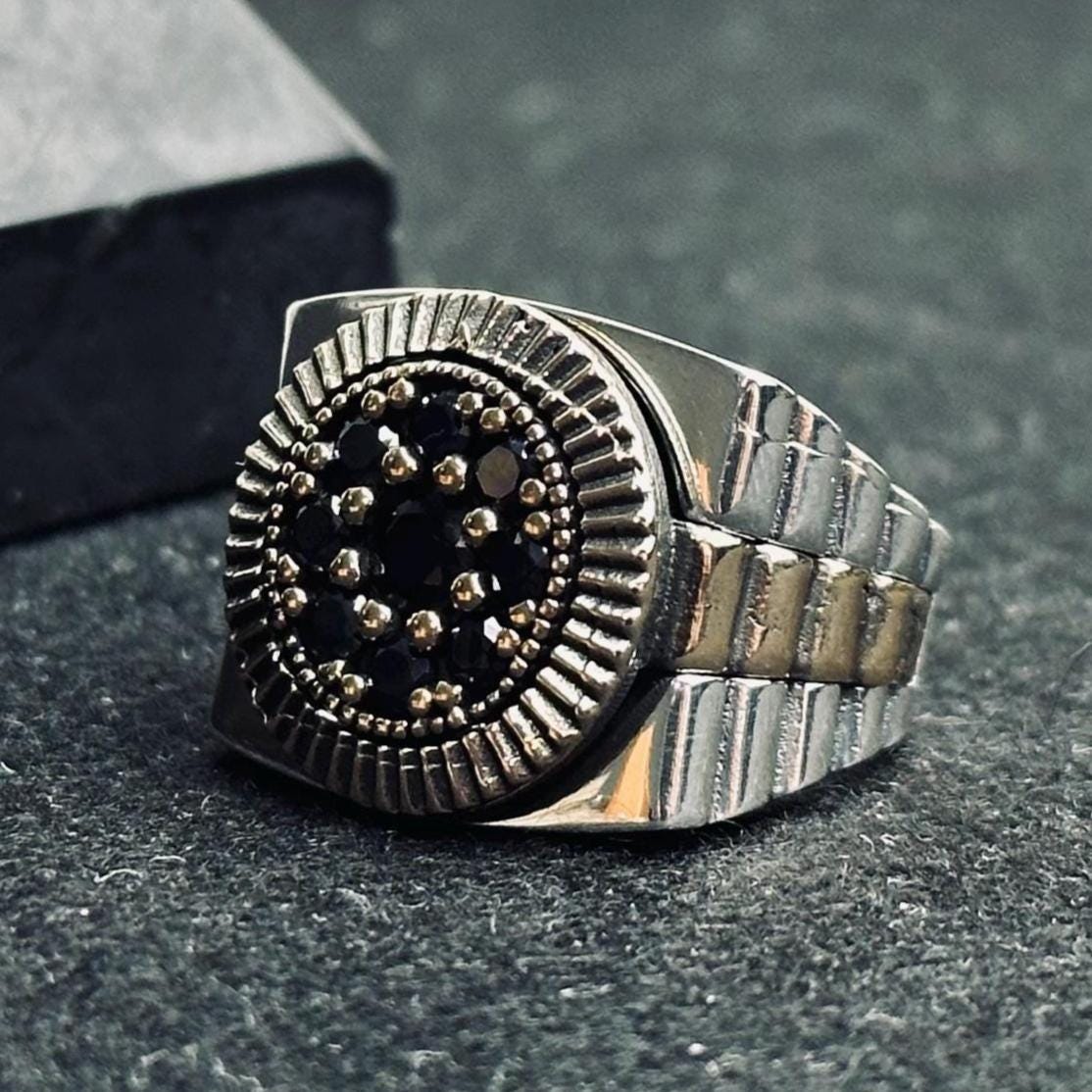 Geometric Men's Silver Ring - Stone Cluster Statement Design