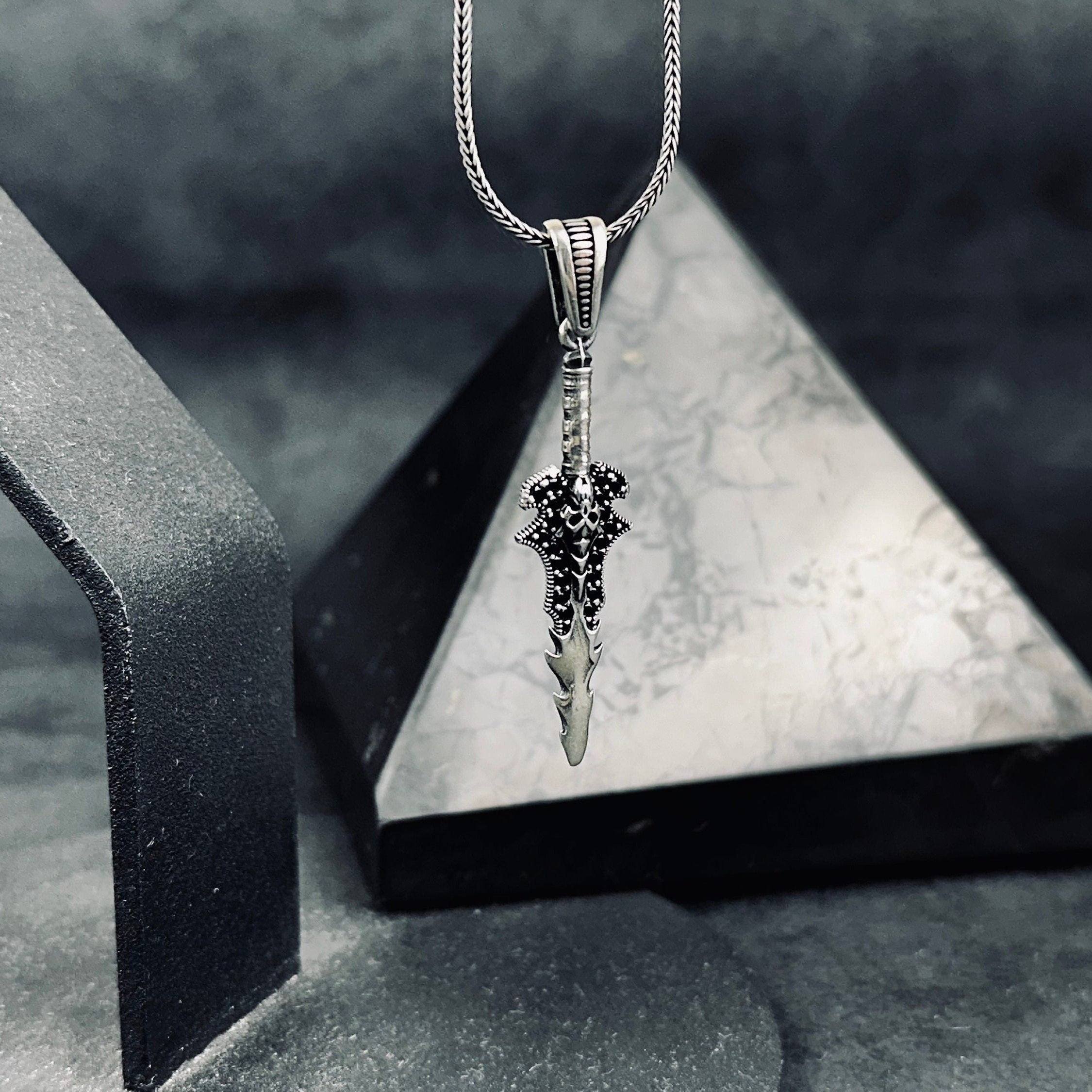 Silver Skull Sword Necklace - Mystic Gothic Gemstone Pendant