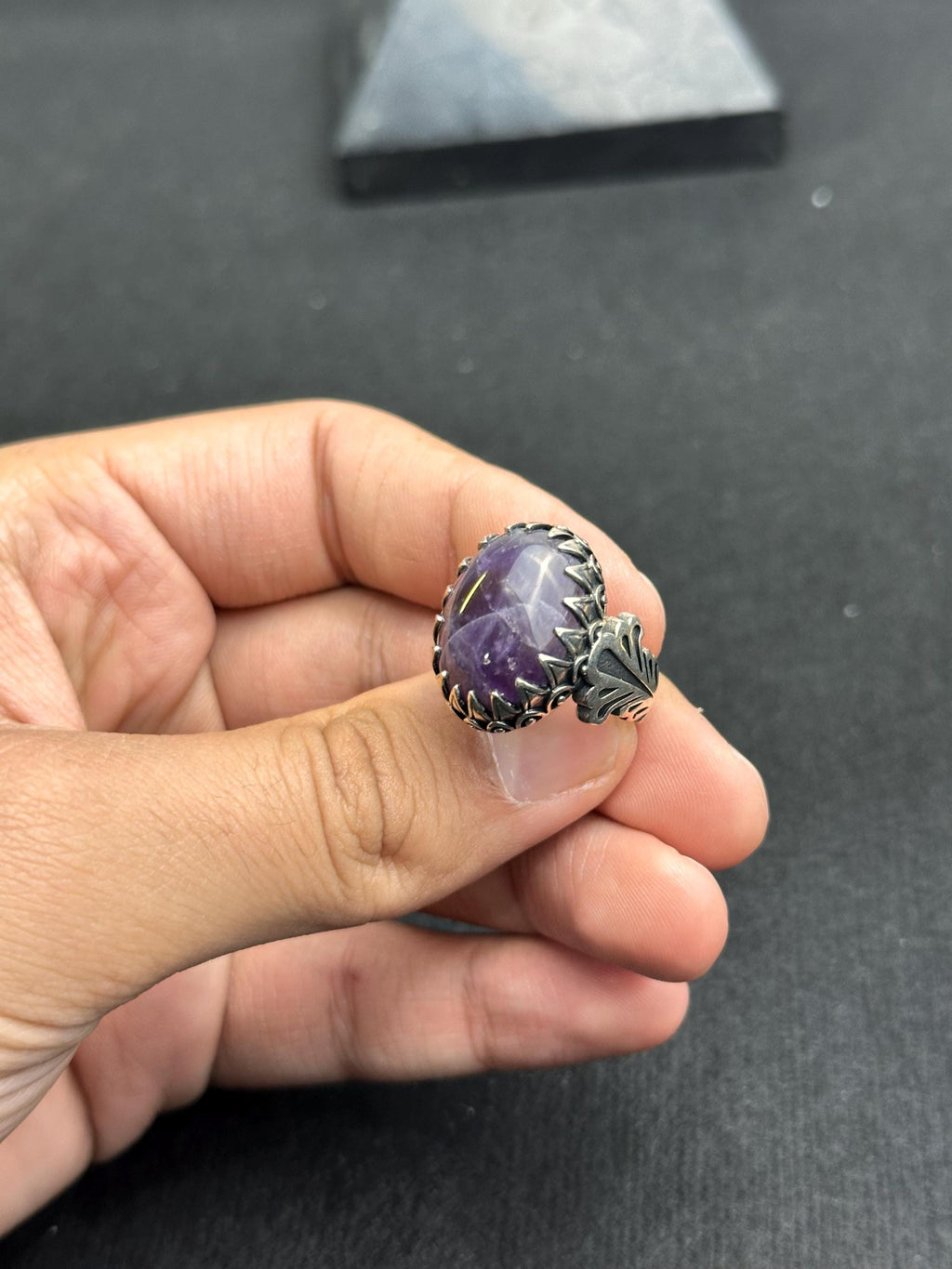 Hammered Amethyst Ring: Sterling Silver, Handmade for Men
