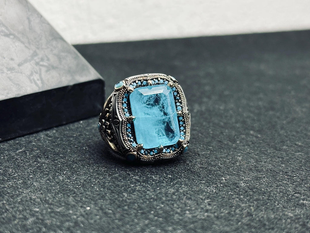 Aquamarine Ring: Men's Handmade Sterling Silver (Ottoman Lion Head)