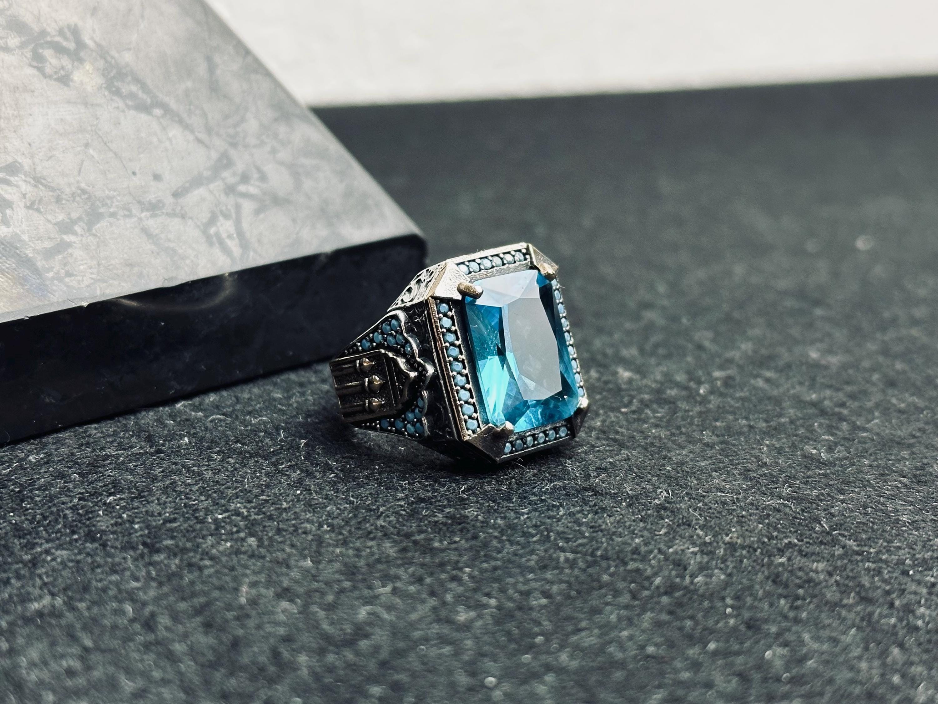 Aquamarine Ring: Men's Sterling Silver Square Cut (Handmade Turkish)