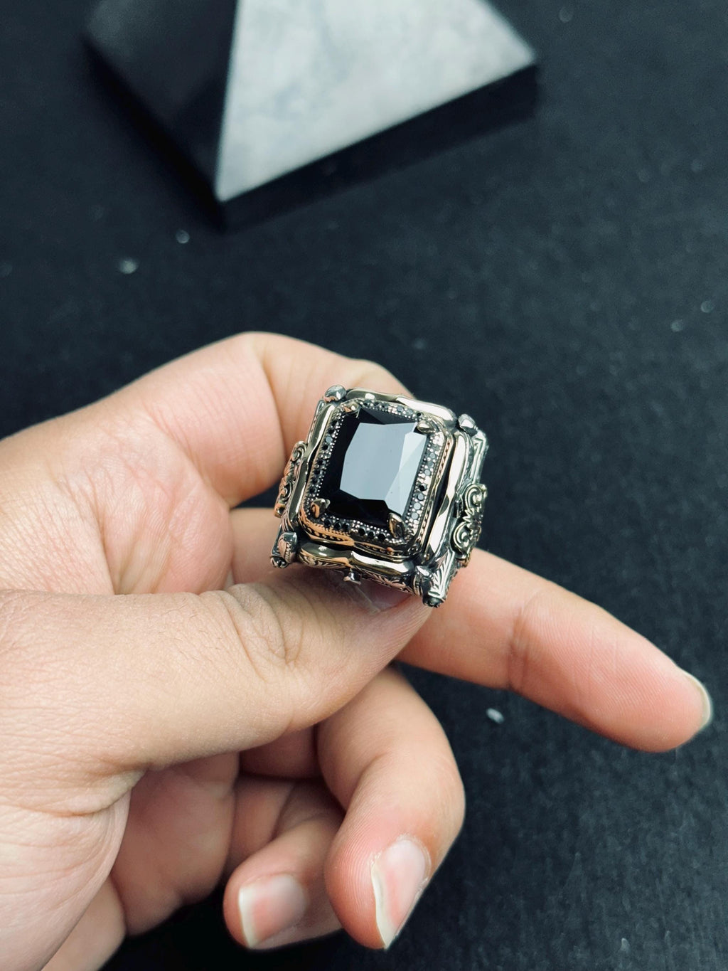 Black Zircon King Ring, 925 Sterling Silver Gothic Statement Jewelry