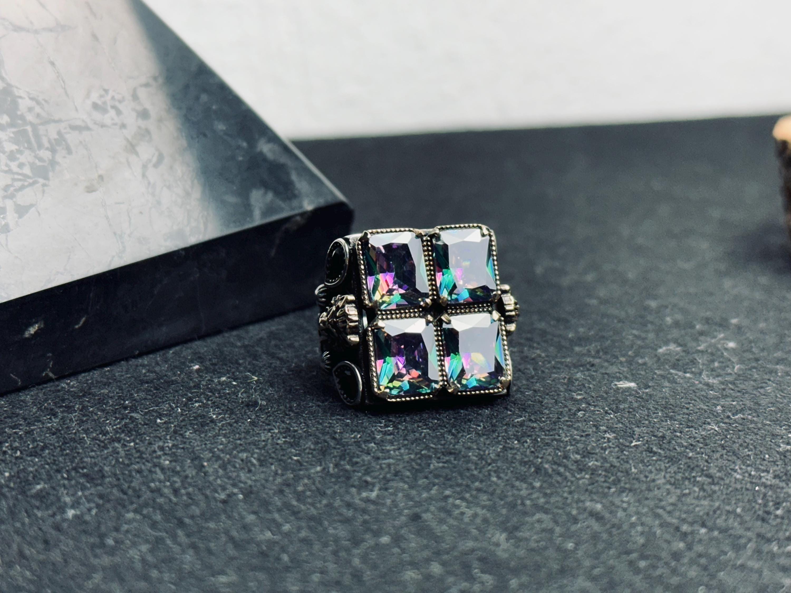 Men’s Lion Ring, Sterling Silver, Mystic Topaz Stones (Bold Statement)