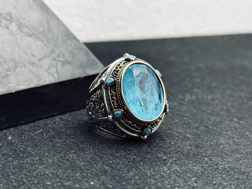 Aquamarine Statement Ring: Handmade Turkish Silver (Men's Size)
