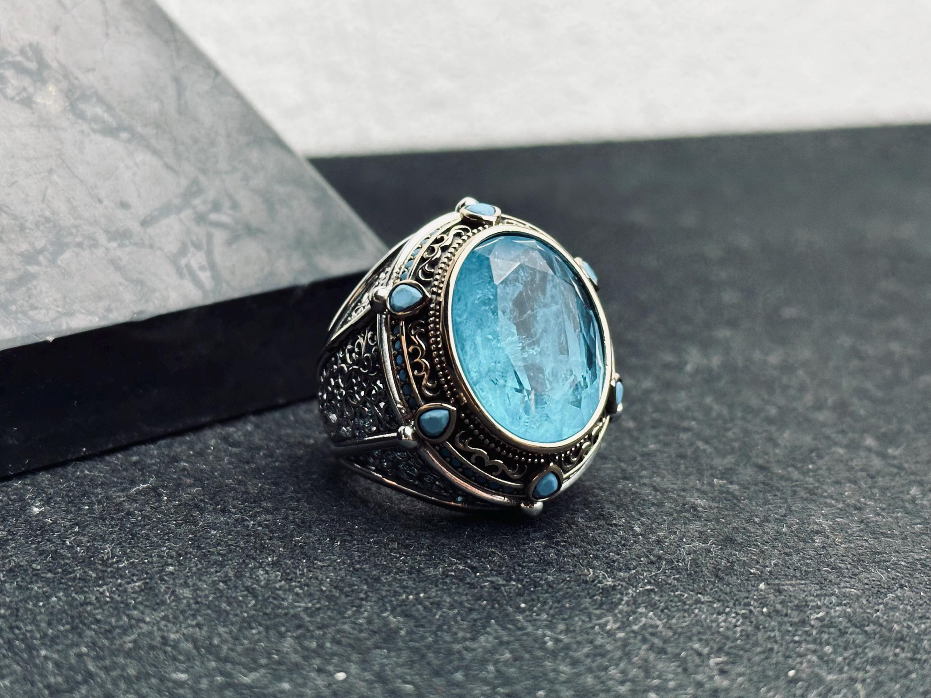 Aquamarine Statement Ring: Handmade Turkish Silver (Men's Size)