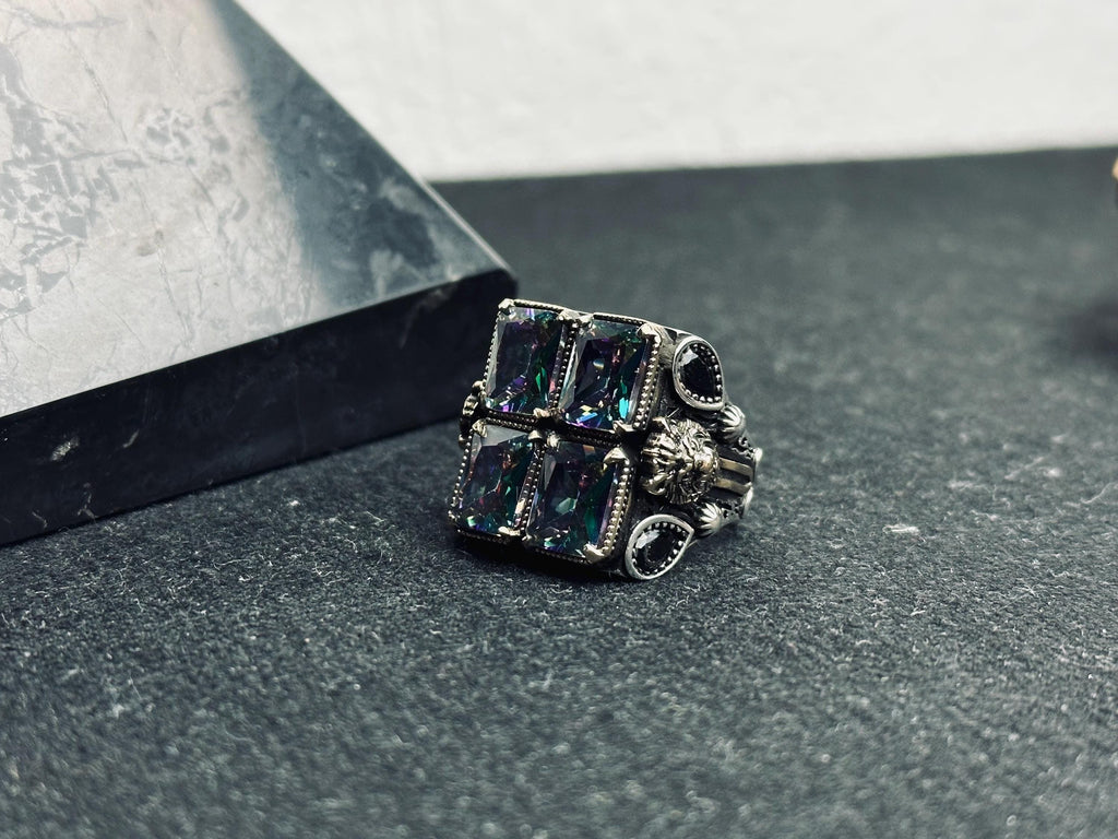 Men’s Lion Ring, Sterling Silver, Mystic Topaz Stones (Bold Statement)