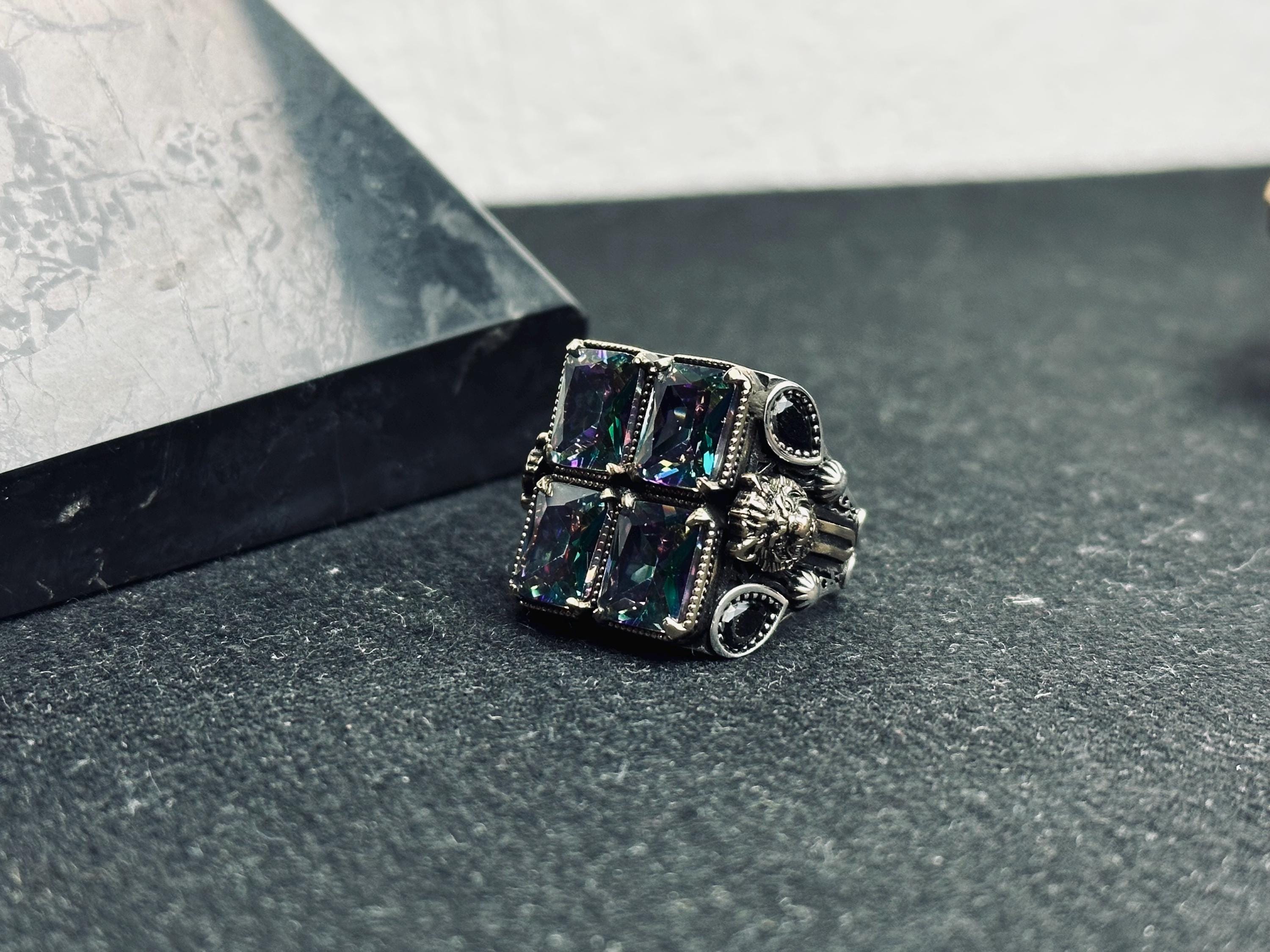 Men’s Lion Ring, Sterling Silver, Mystic Topaz Stones (Bold Statement)