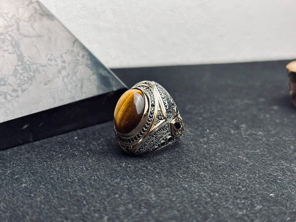 Tiger Eye Silver Ring, Men's Oval Statement (Handmade, Spiritual)