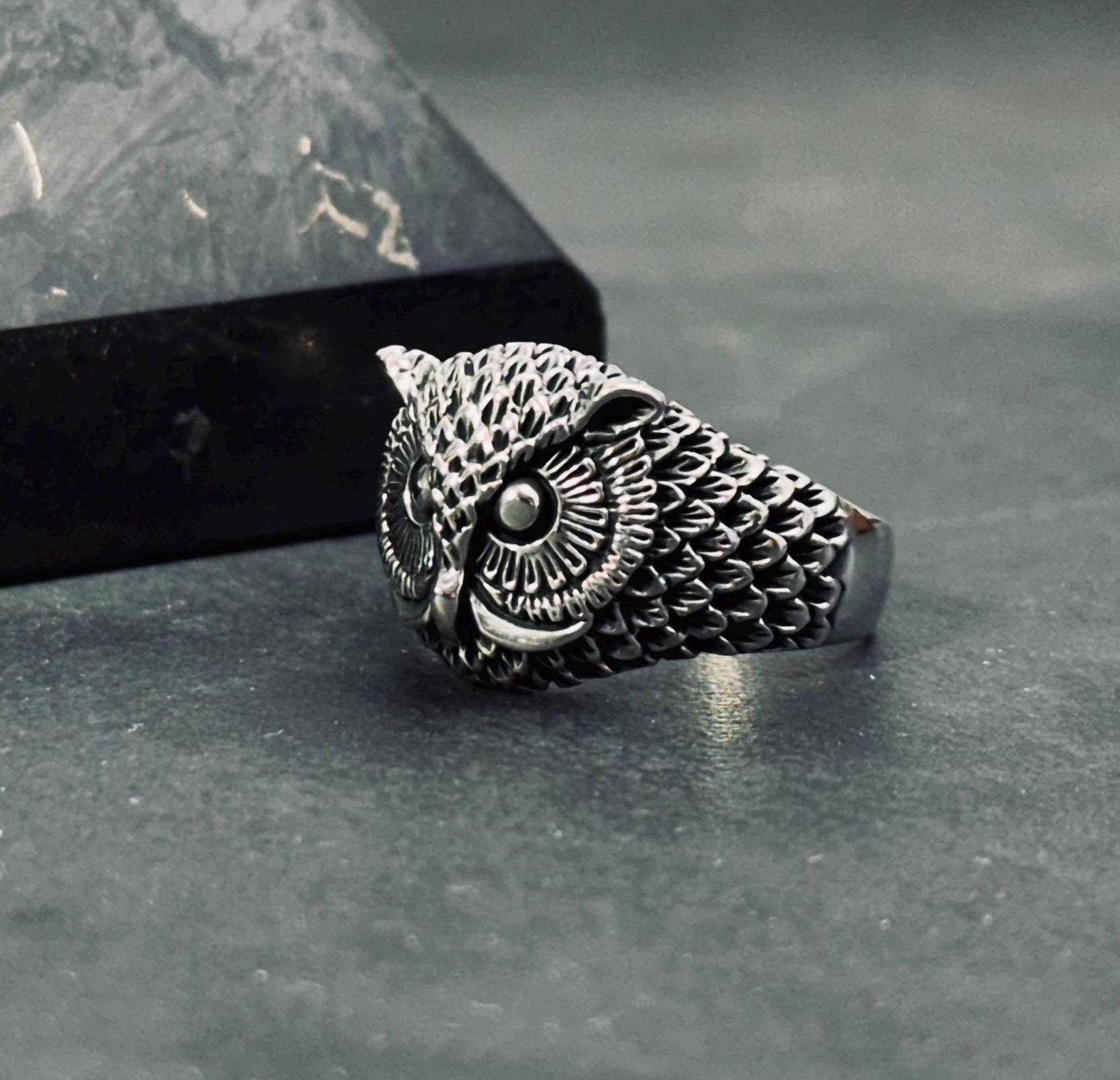 Sterling Silver Owl Ring, Oxidized Finish (Men's Handmade Size 8-12)