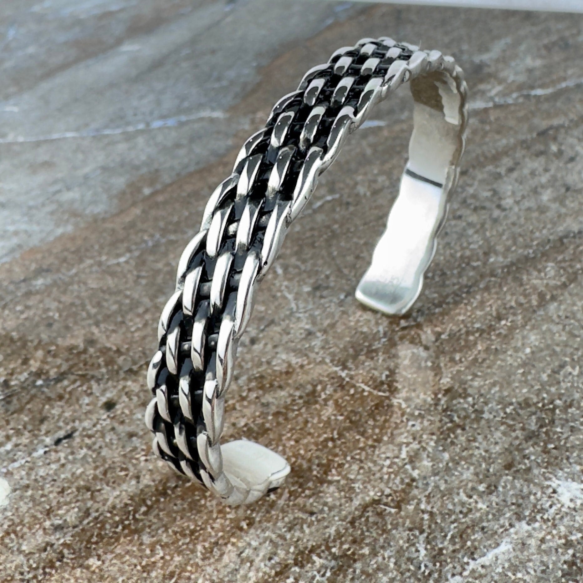 Silver Woven Cuff Bracelet - Adjustable Engraved Band