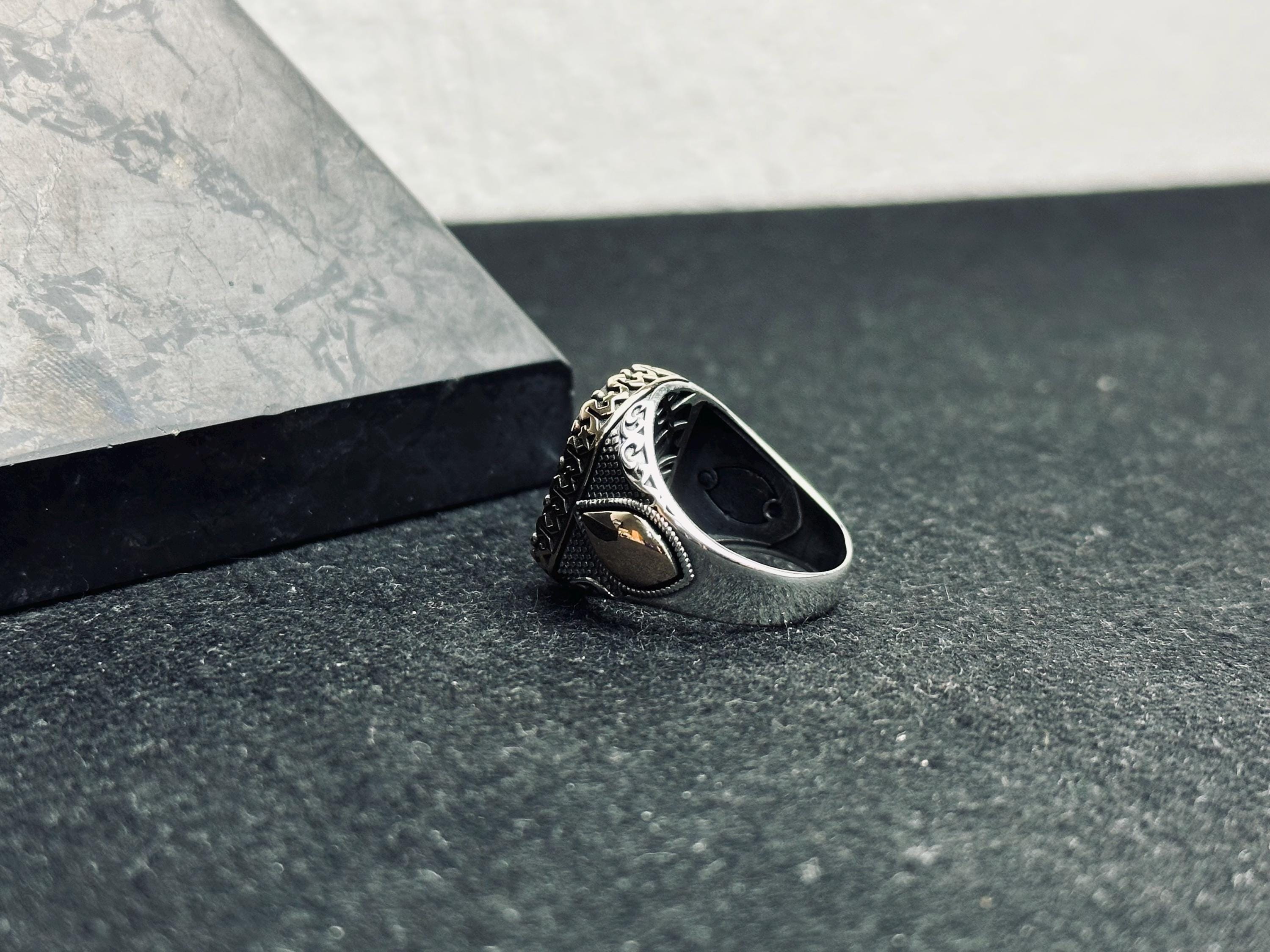 Men’s Baltic Amber Ring: Square Red Gem - Handmade Sterling Silver
