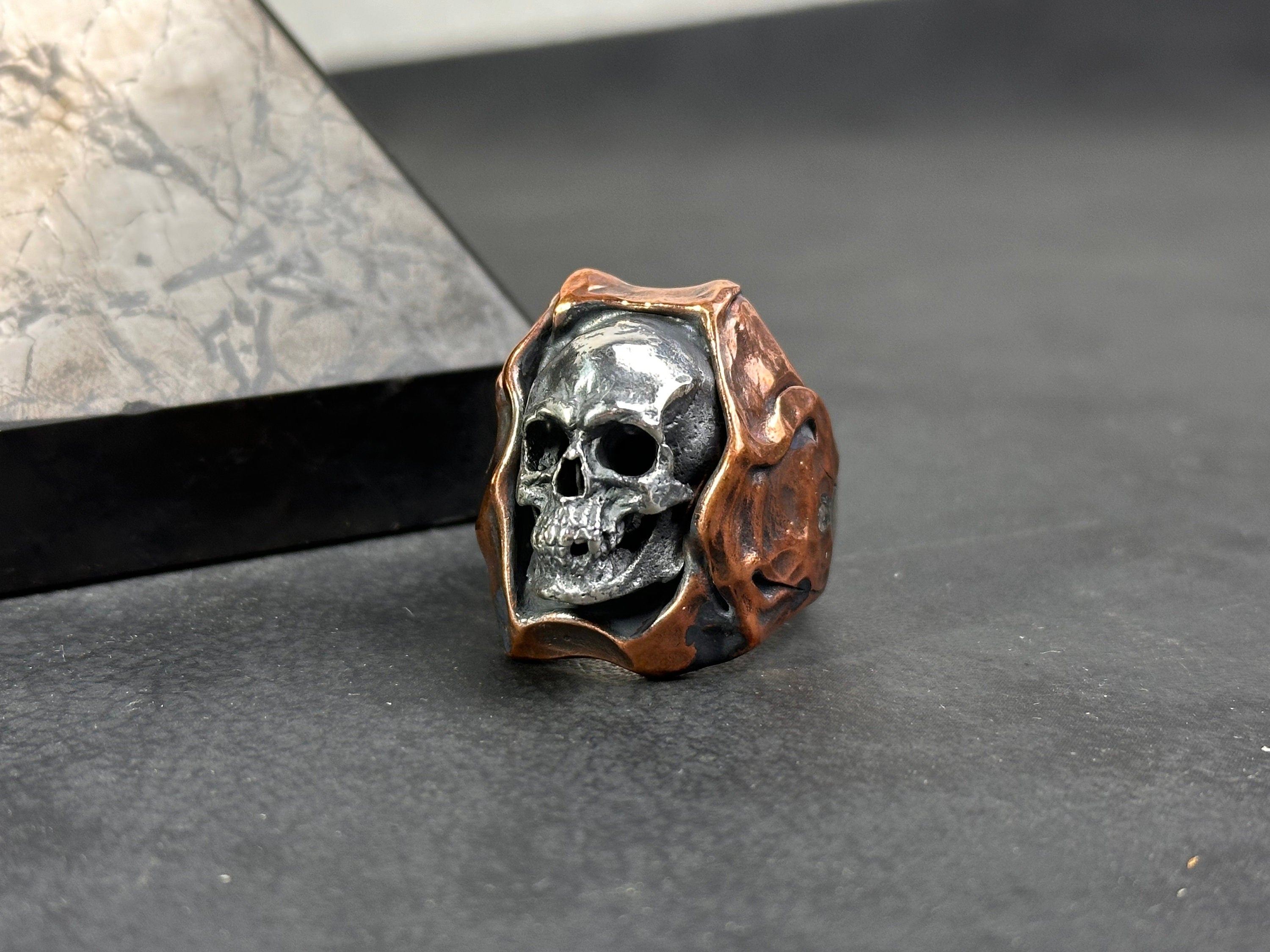 Handmade Skull Ring: Oxidized Sterling Silver (Medieval Biker Style)