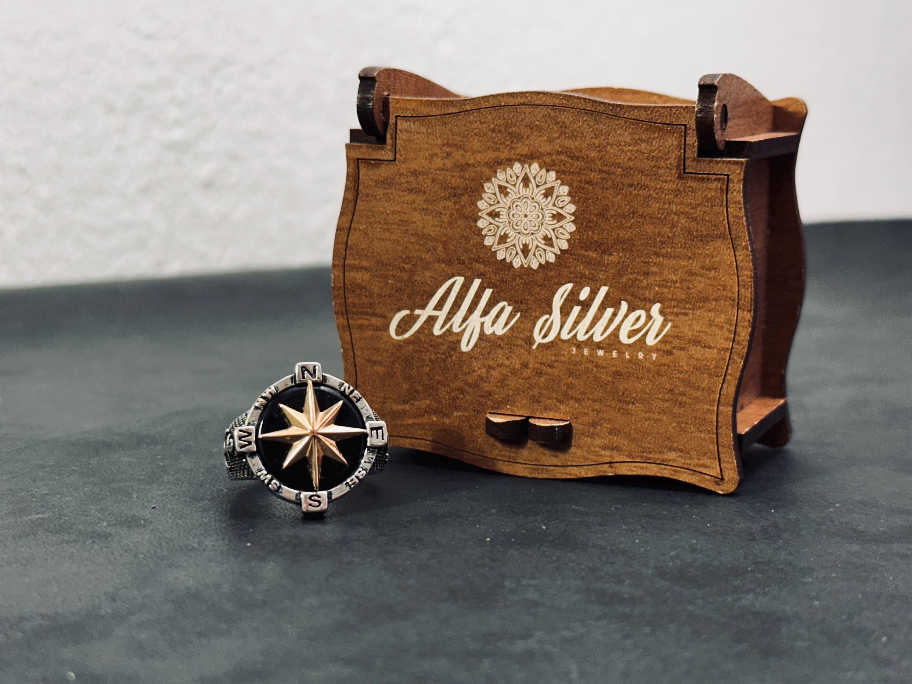 Unisex Sterling Silver Compass Ring, North Star (Handmade)