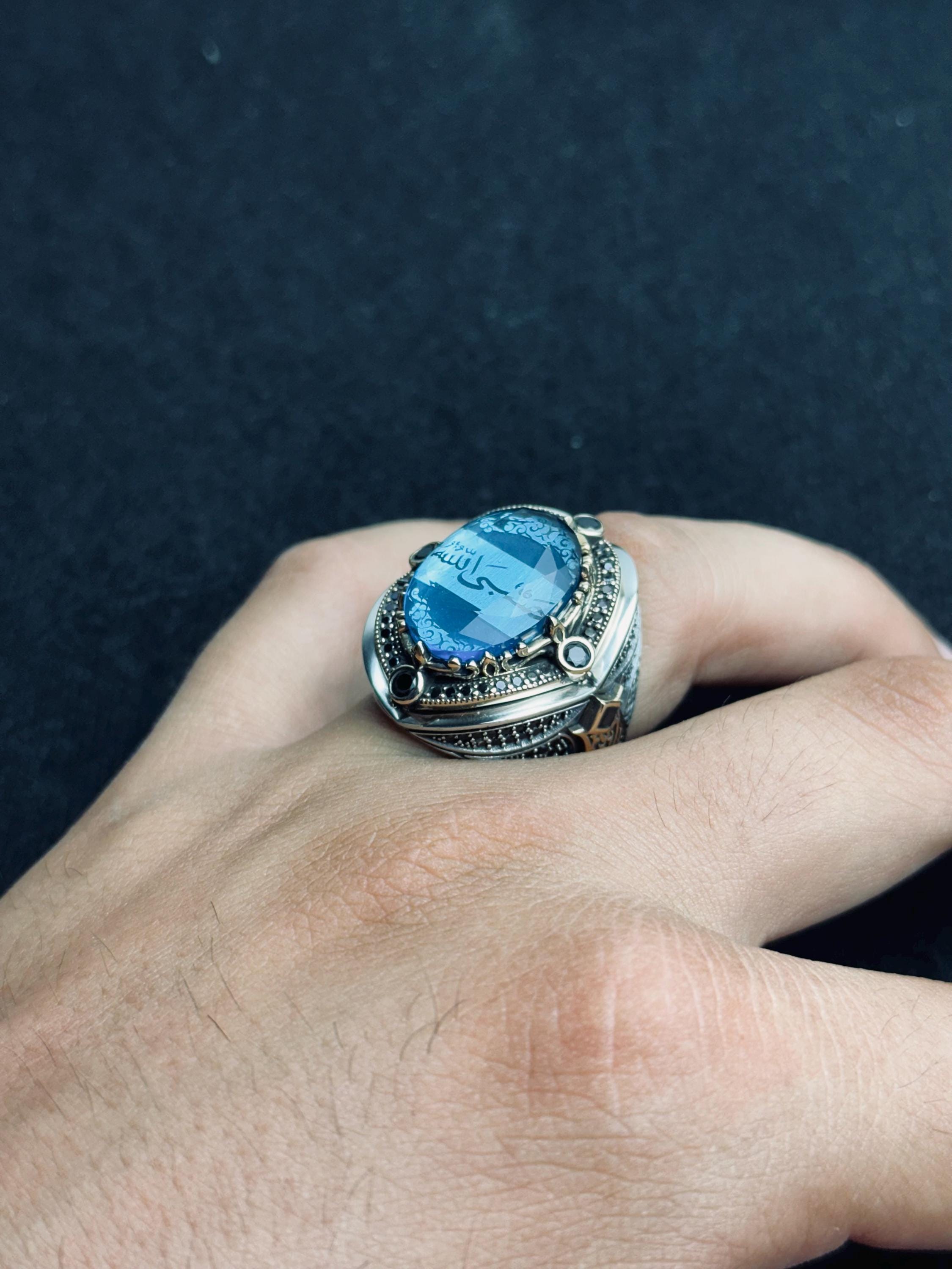 Men's Silver Ring: Aquamarine and Zircon - Arabic Prayer Inscription
