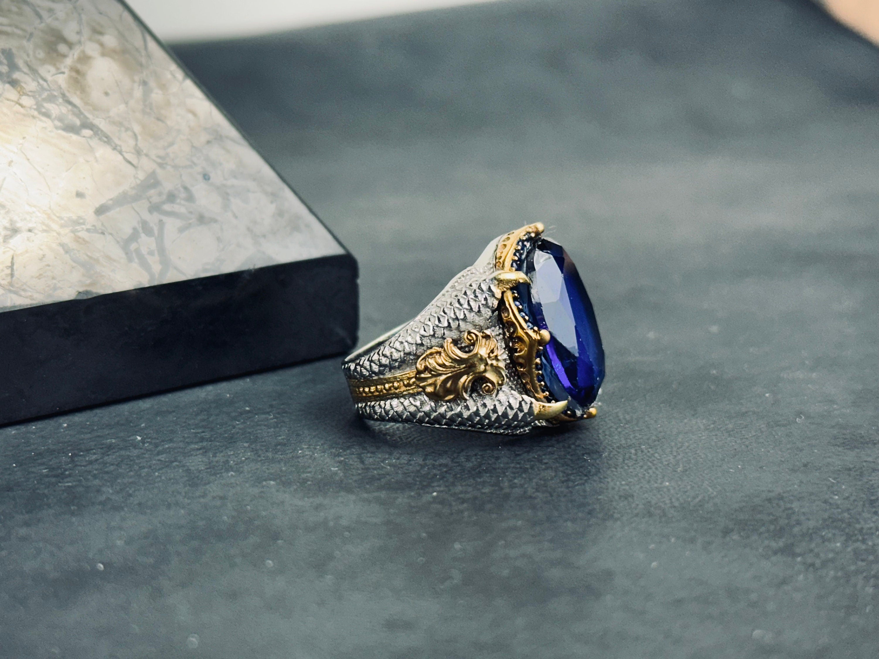 Blue Zircon Sterling Silver King Ring (Crown Design)