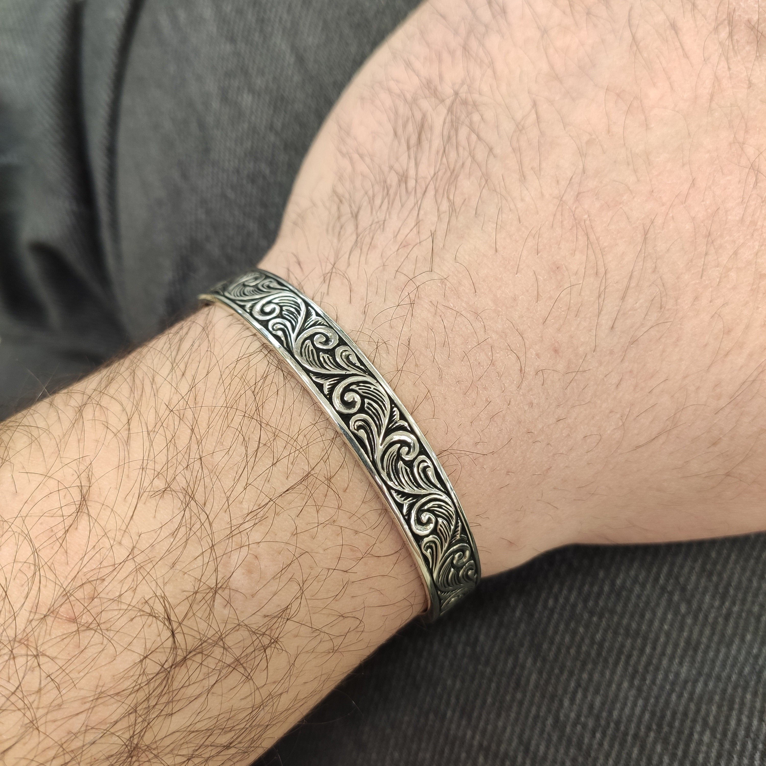 Sterling Silver Cuff Bracelet: Handmade Engraved - Adjustable Fit