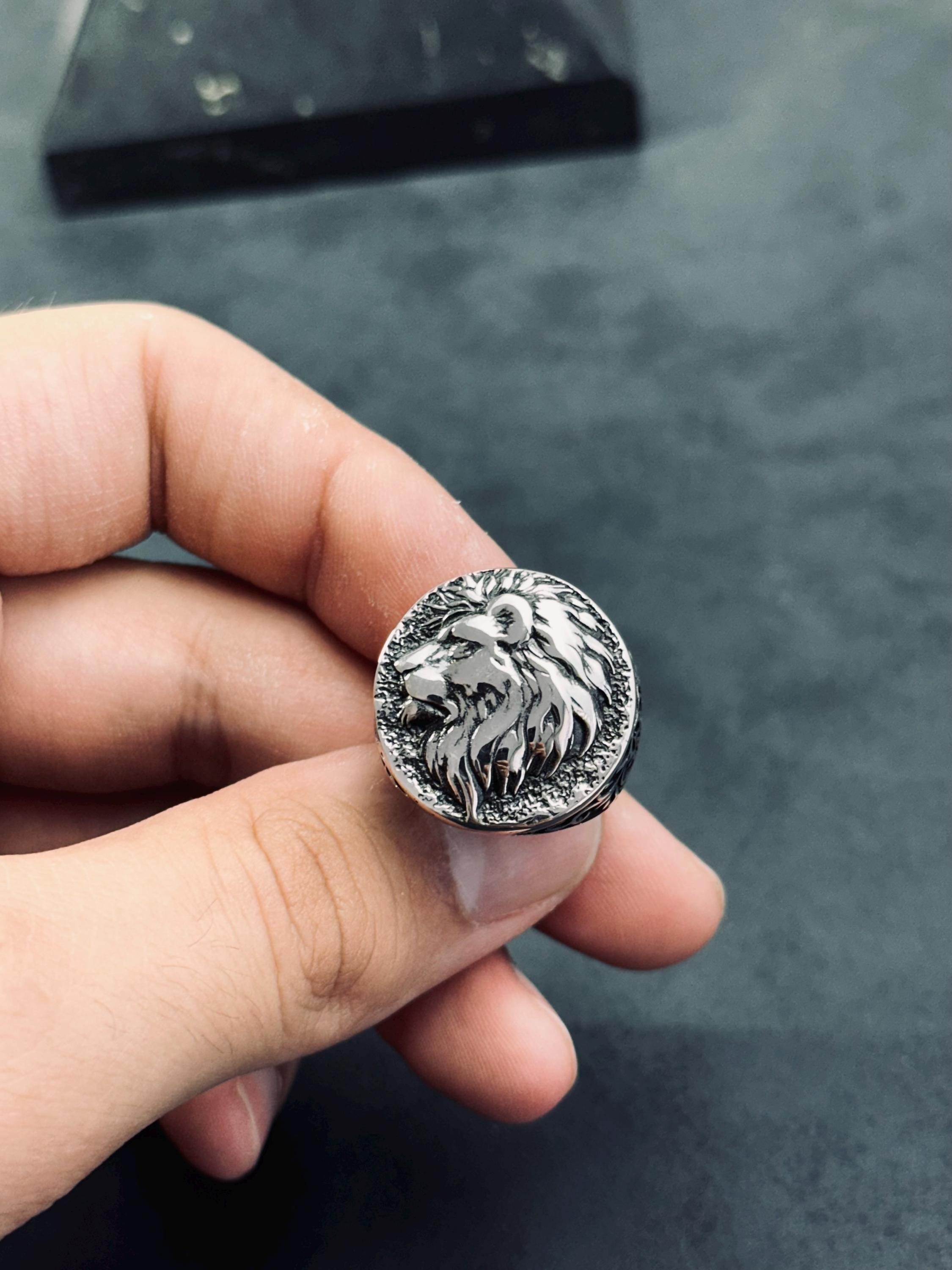 Engraved Lion Head Ring: Sterling Silver Men's Statement Jewelry