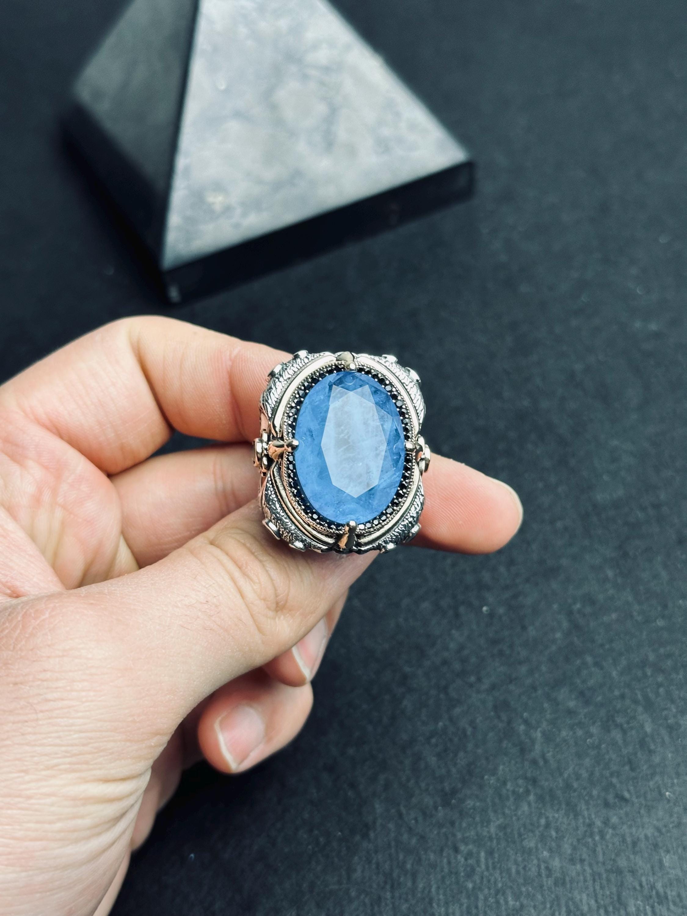 Handmade Sterling Silver Men’s Ring with Large Blue Gemstone – Vintage Ottoman Style Statement Ring, Bold Warrior Ring, Gift for Him