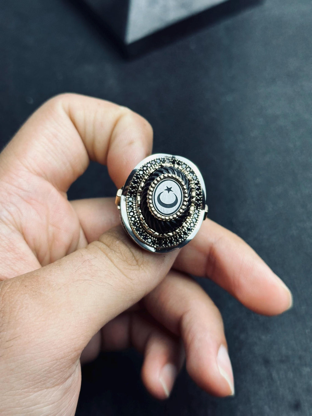 Men's Sterling Silver Ring: Turkish Moon Star - Handmade Oval Band