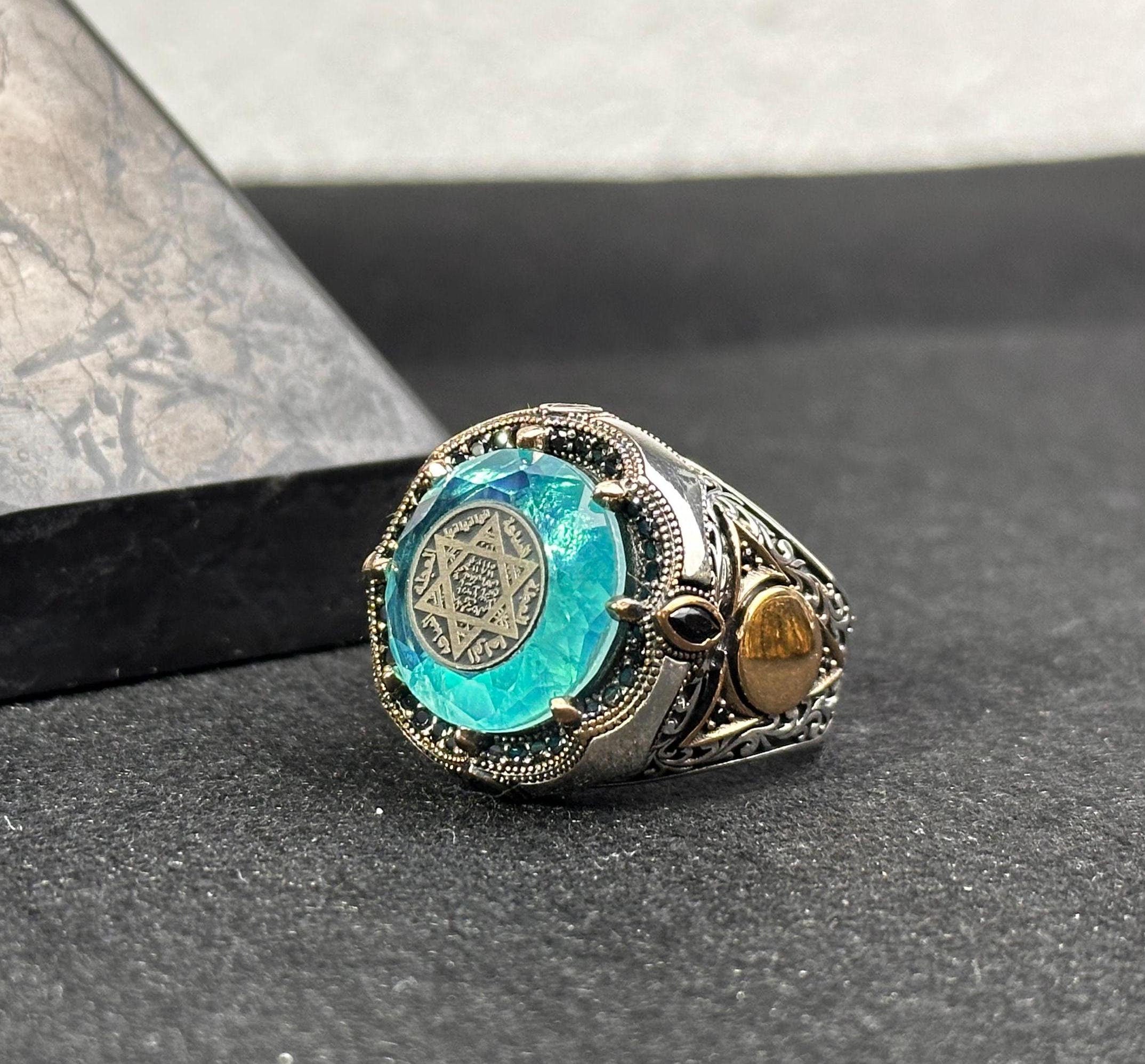 Sterling Silver Seal of Solomon Ring: Paraiba Tourmaline Gemstone