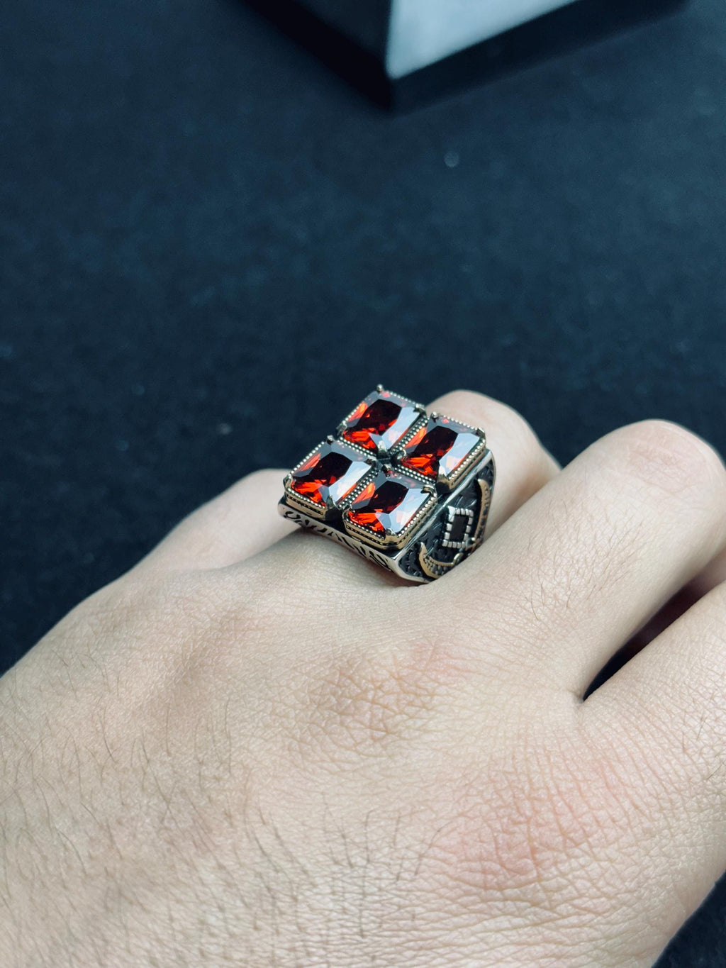 Men’s Ruby Silver Ring - Bold Four Stone Square Handmade Style