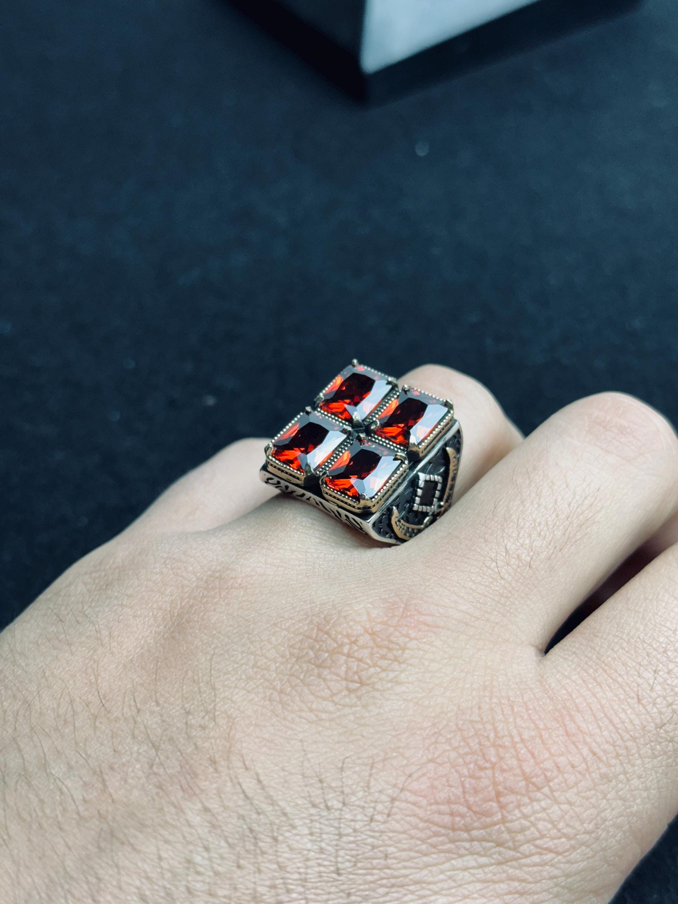 Men’s Ruby Silver Ring - Bold Four Stone Square Handmade Style