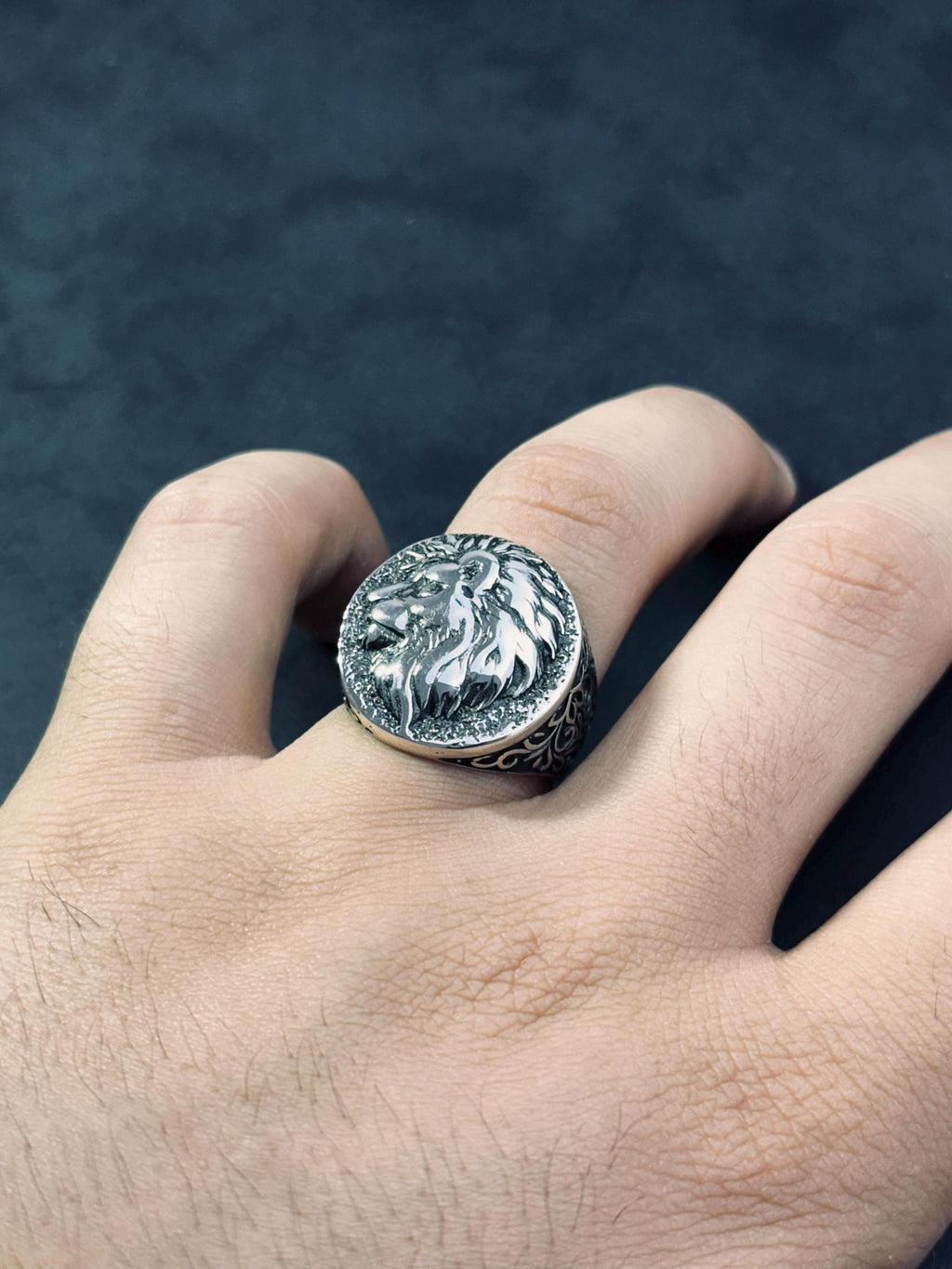 Engraved Lion Head Ring: Sterling Silver Men's Statement Jewelry