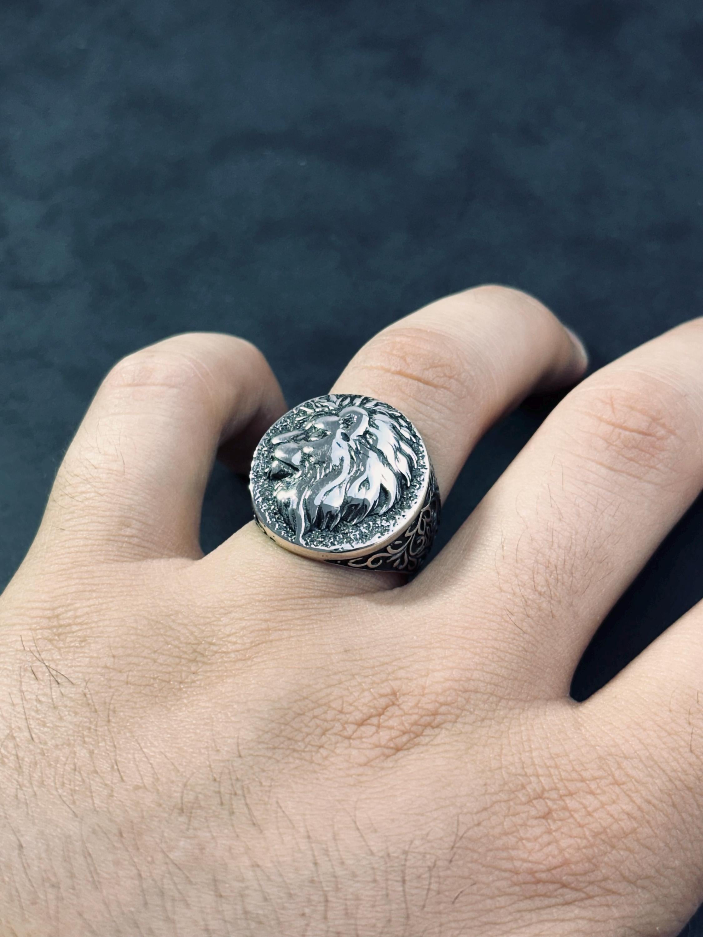 Engraved Lion Head Ring: Sterling Silver Men's Statement Jewelry