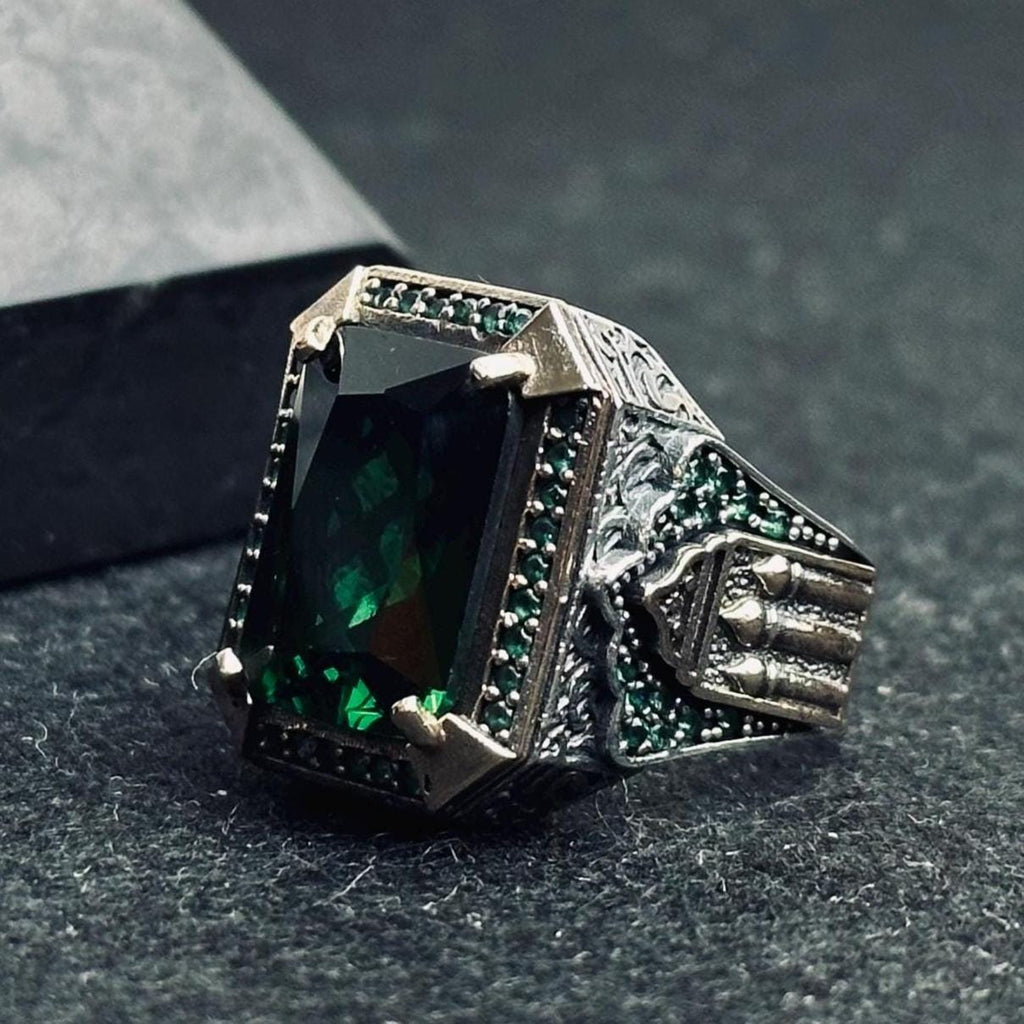 Turkish Sterling Silver Ring, Square Emerald Zircon (Men’s Statement)