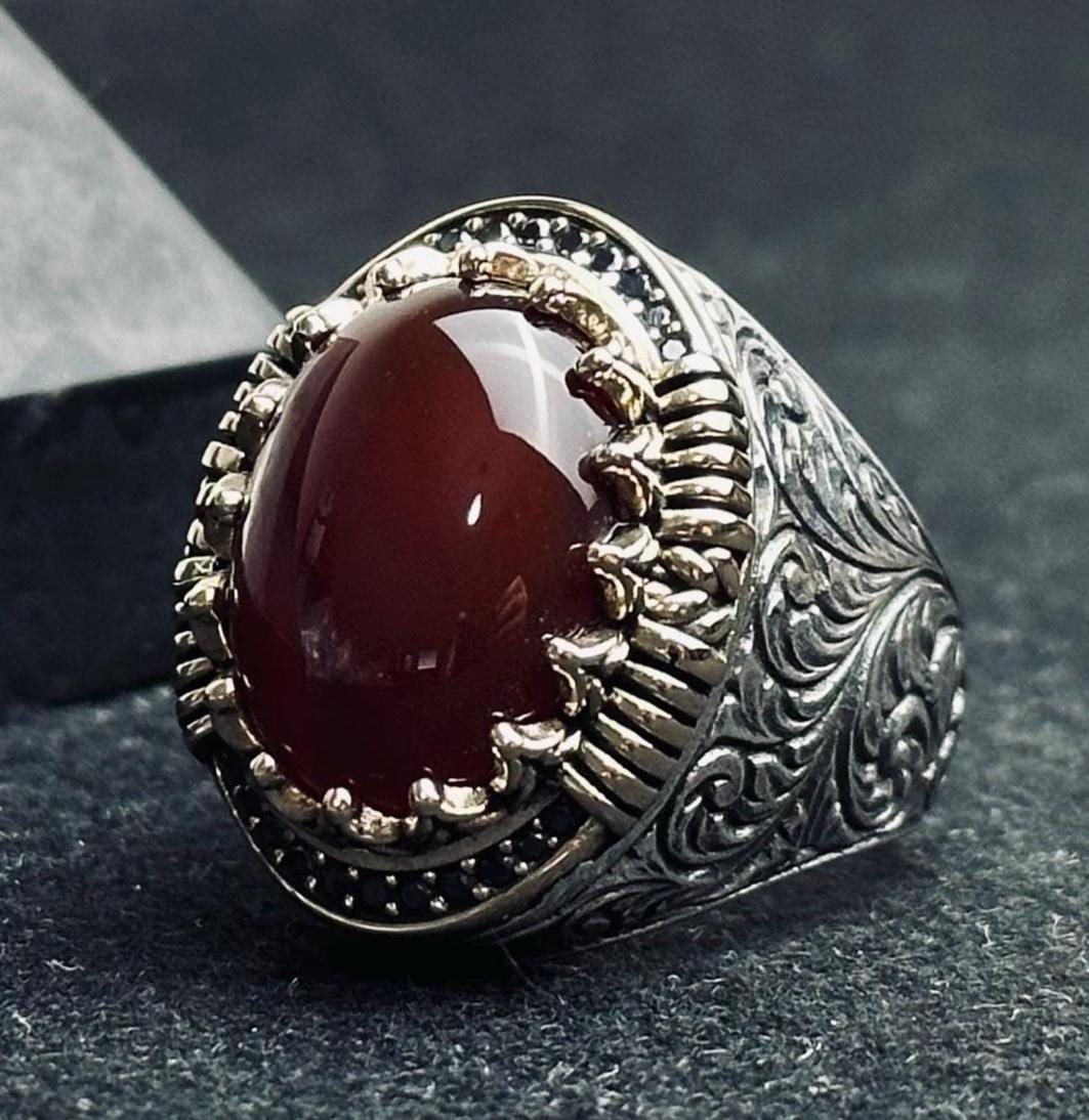 Red Aqeeq Ring for Men: Oval Agate Stone, Sterling Silver