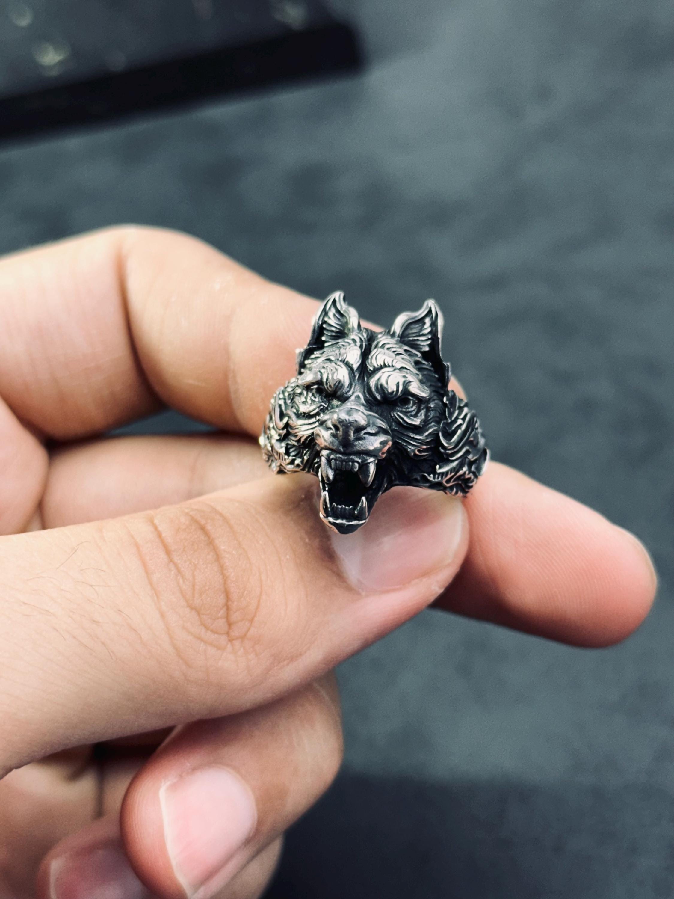 Wolf Head Ring: Gothic Sterling Silver (Handmade, Gift Box)