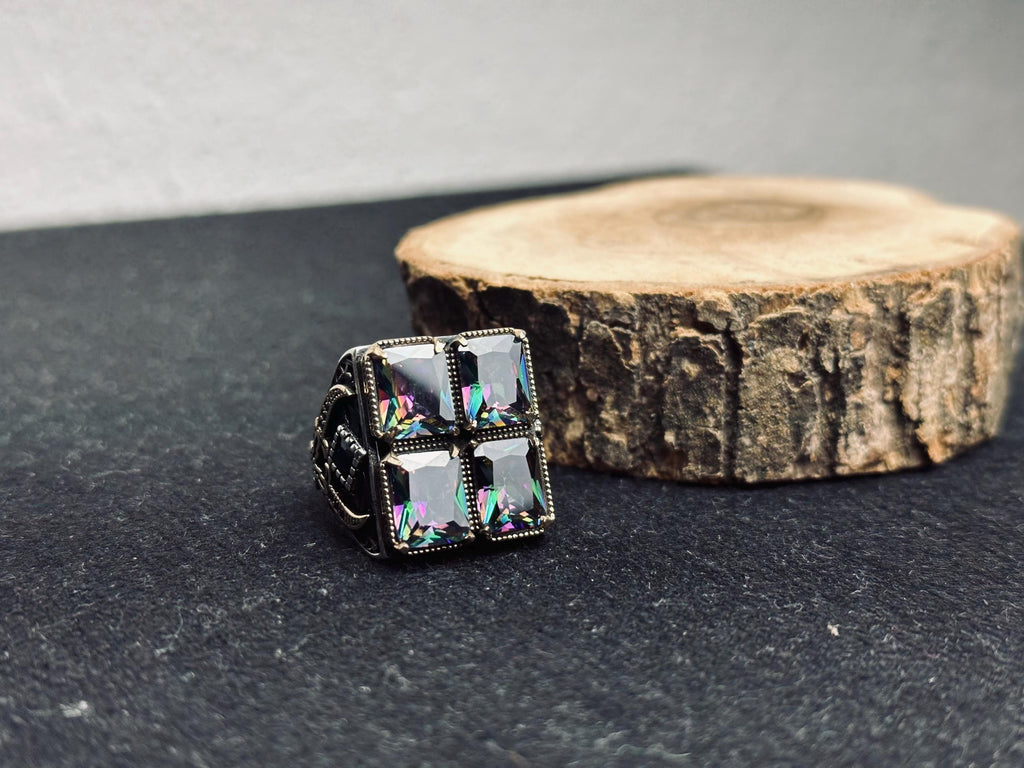 Mystic Topaz Ring: Handmade Turkish Silver (4 Stone Square)