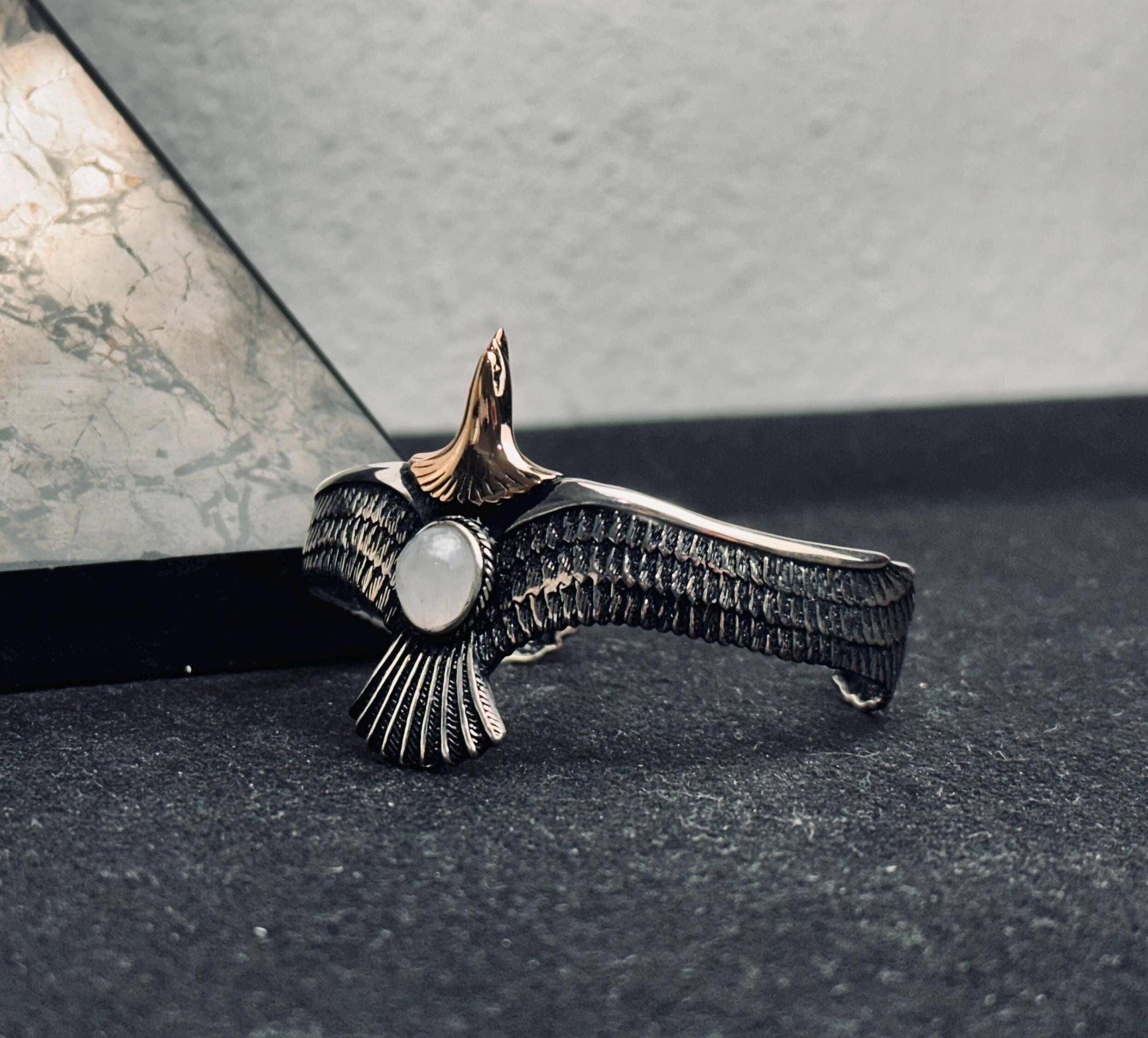 Eagle Moonstone Bracelet: Handmade Sterling Silver (Cuff Style)