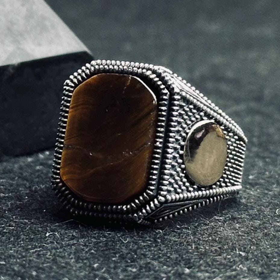 Men's Tiger's Eye Ring, Sterling Silver Square (Handmade Vintage Style)