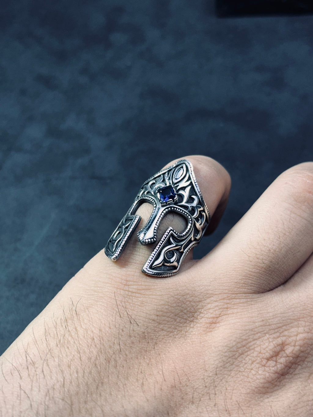 Spartan Helm Ring, Sterling Silver with Blue Zircon (Men's Size)