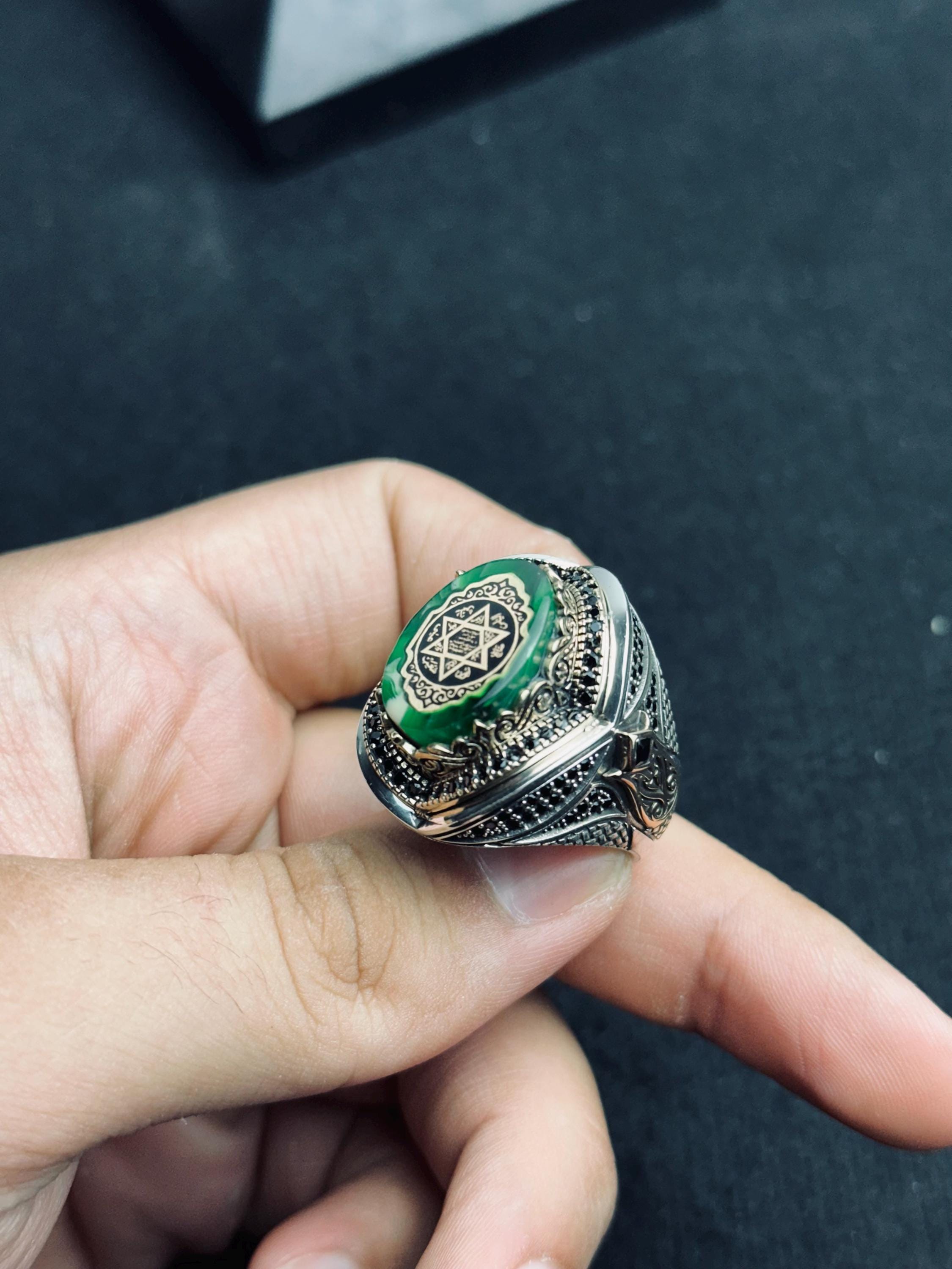 Solomon Seal Ring: Handmade Sterling Silver with Green Amber
