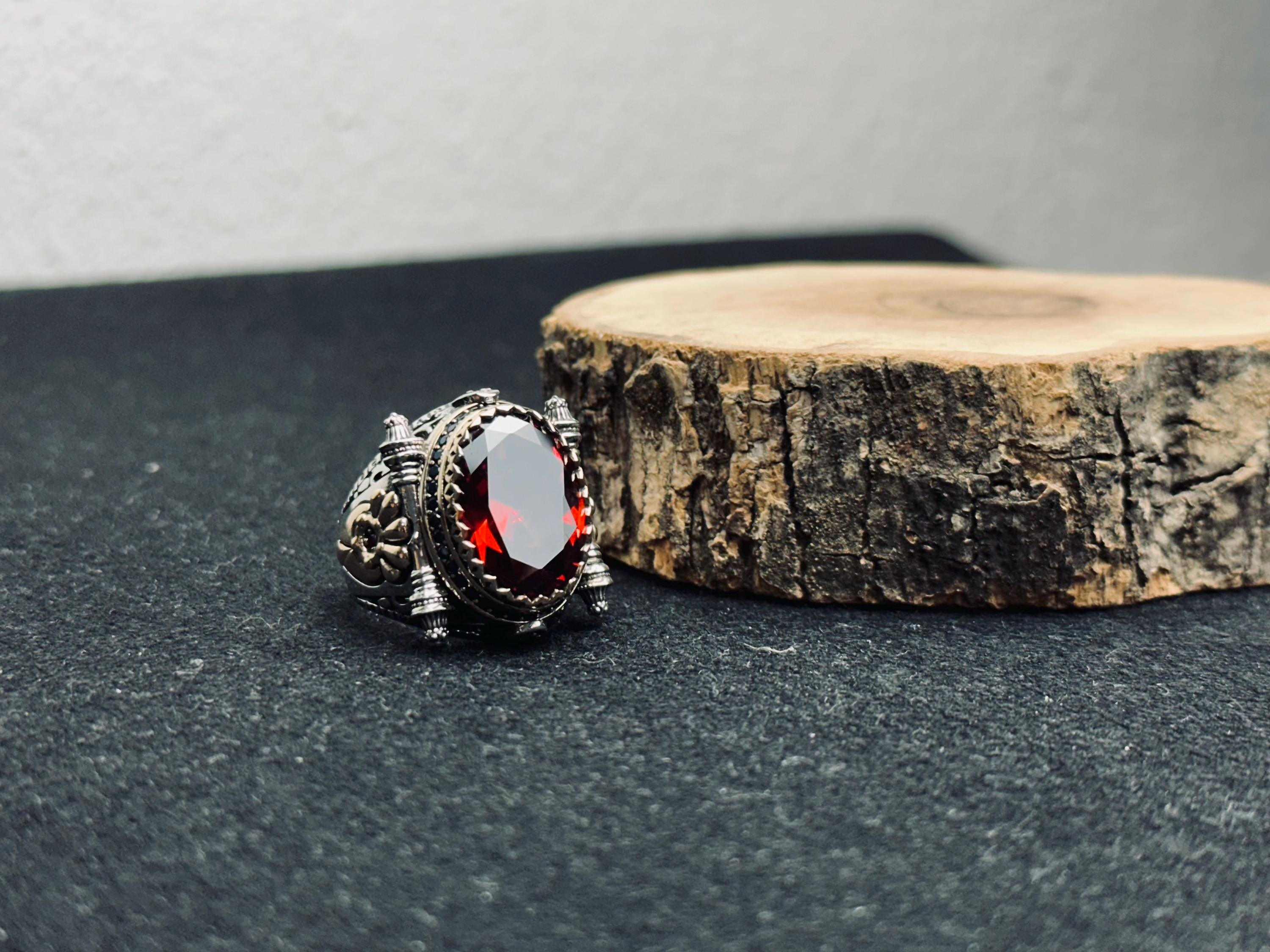 Men's Ruby Ring: Handmade Sterling Silver - Oval Statement Style