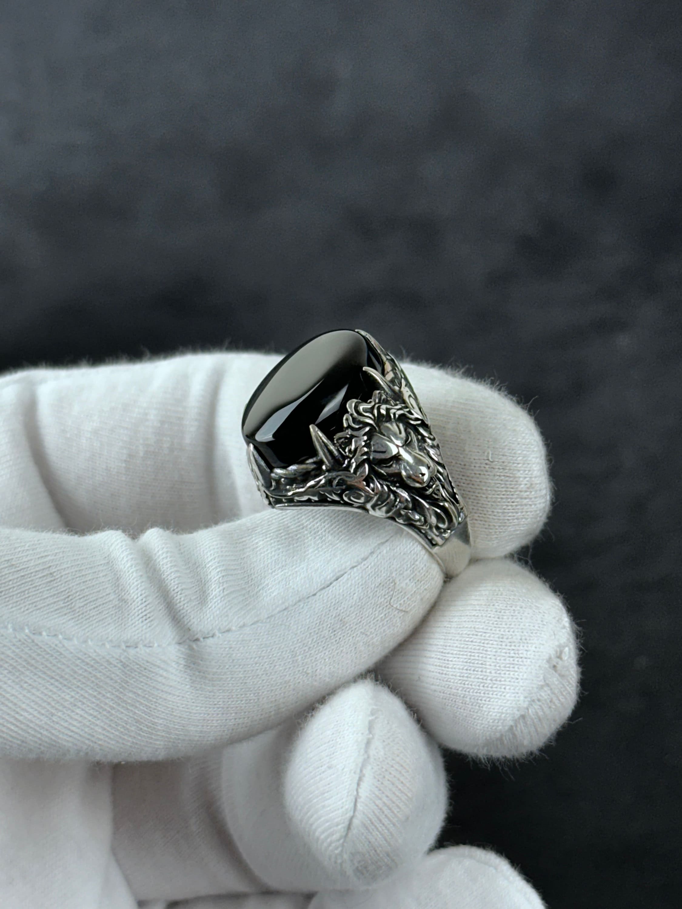 Men's Sterling Silver Onyx Ring, Lion Detail (Handcrafted)