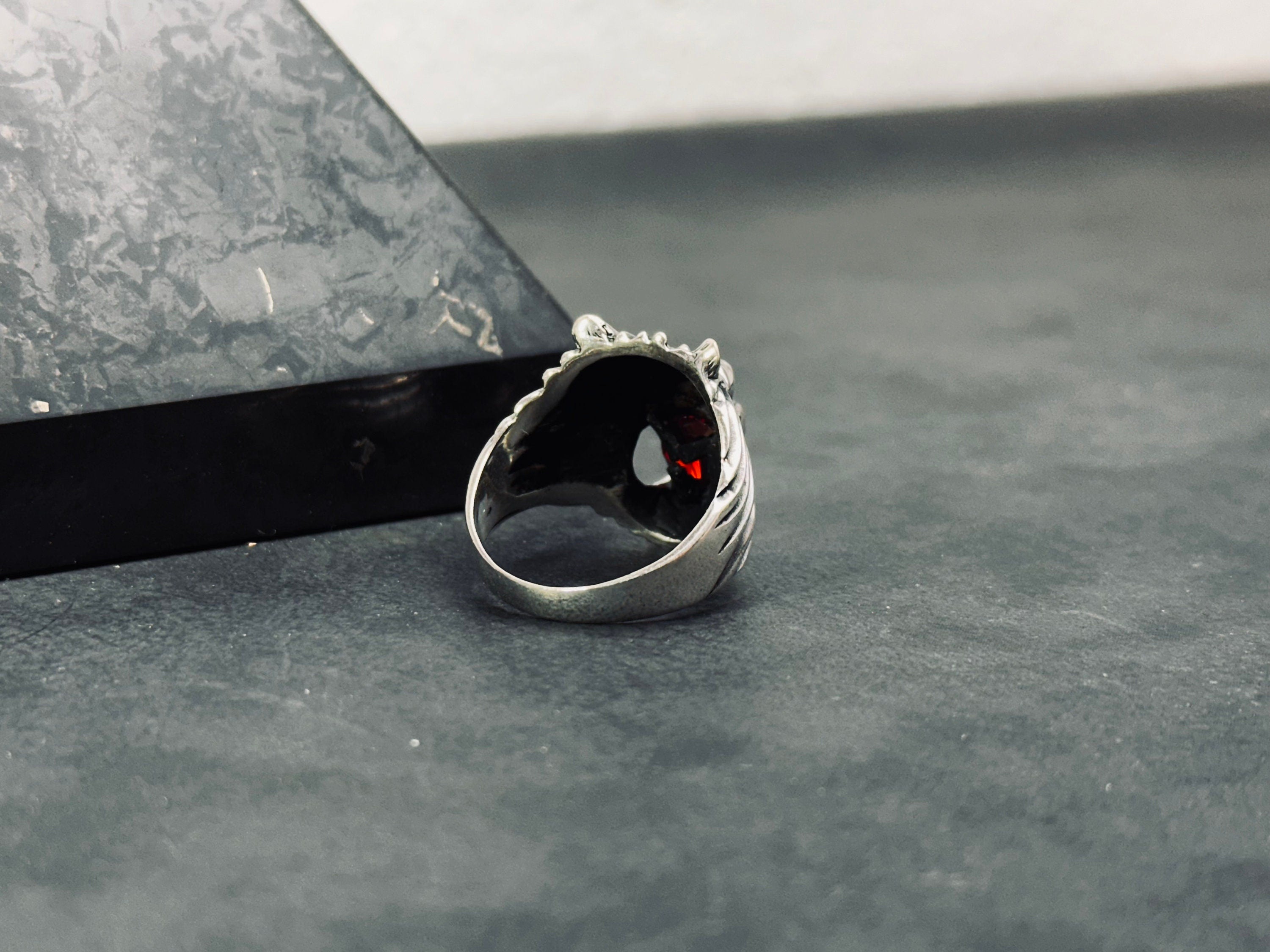 Men's Sterling Silver Lion Ring, Engraved CZ Gemstone (Handmade)