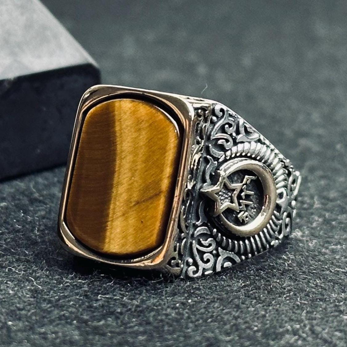 Sterling Silver Signet Ring: Tiger Eye Gemstone - Ottoman Crescent Star