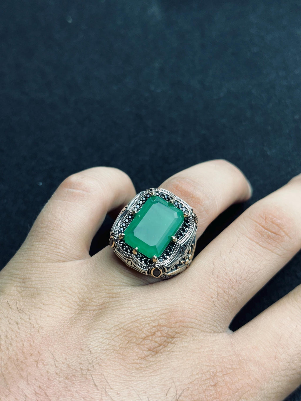 Bold Emerald Silver Ring: Turkish Vintage Design (Men's Size Large)