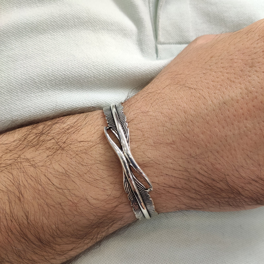 Sterling Silver Feather Cuff Bracelet (Handmade, Adjustable)