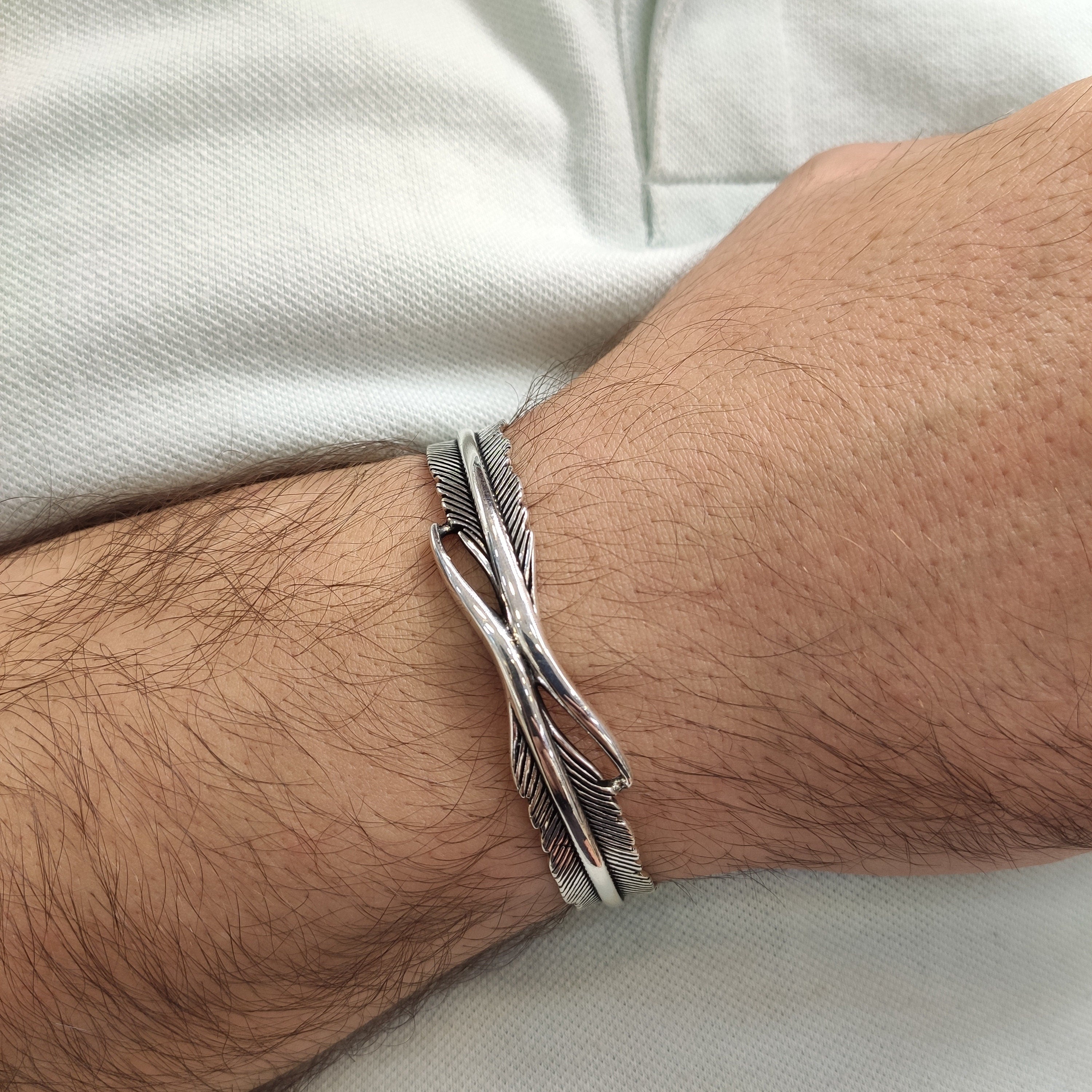 Sterling Silver Feather Cuff Bracelet (Handmade, Adjustable)
