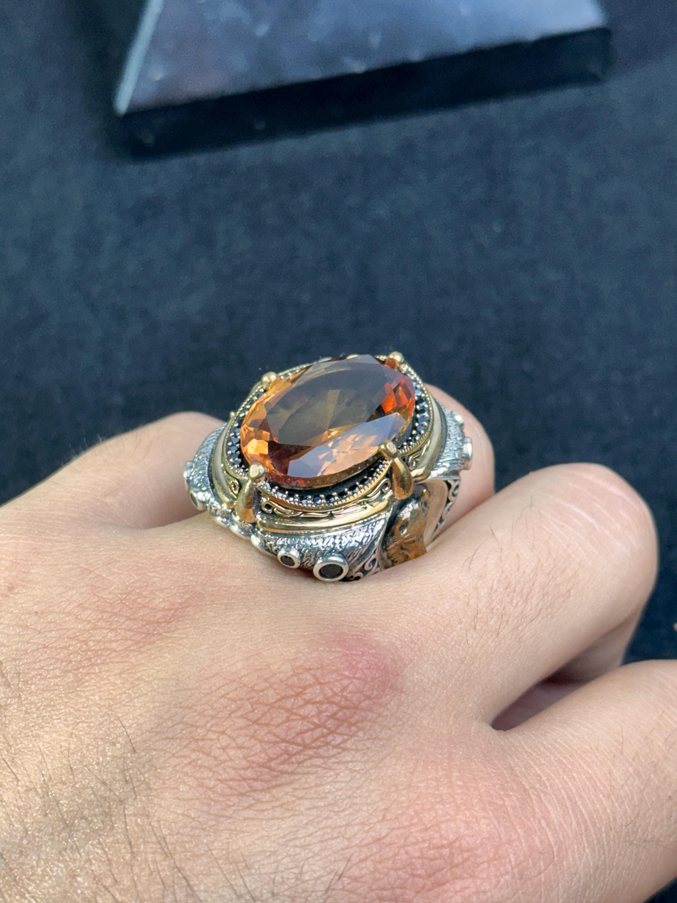 Large Sultanit Ring - Sterling Silver with Wolf Design