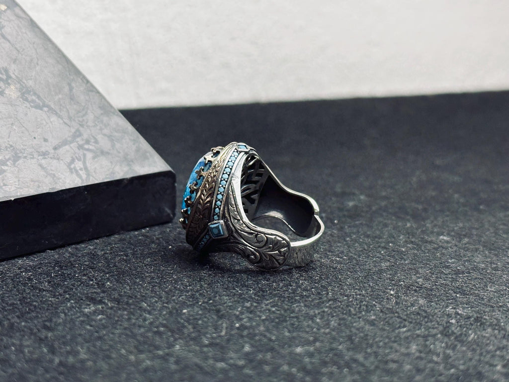 Men's Sterling Silver Signet Ring, Oval Aquamarine & Blue Paraiba (Handmade)